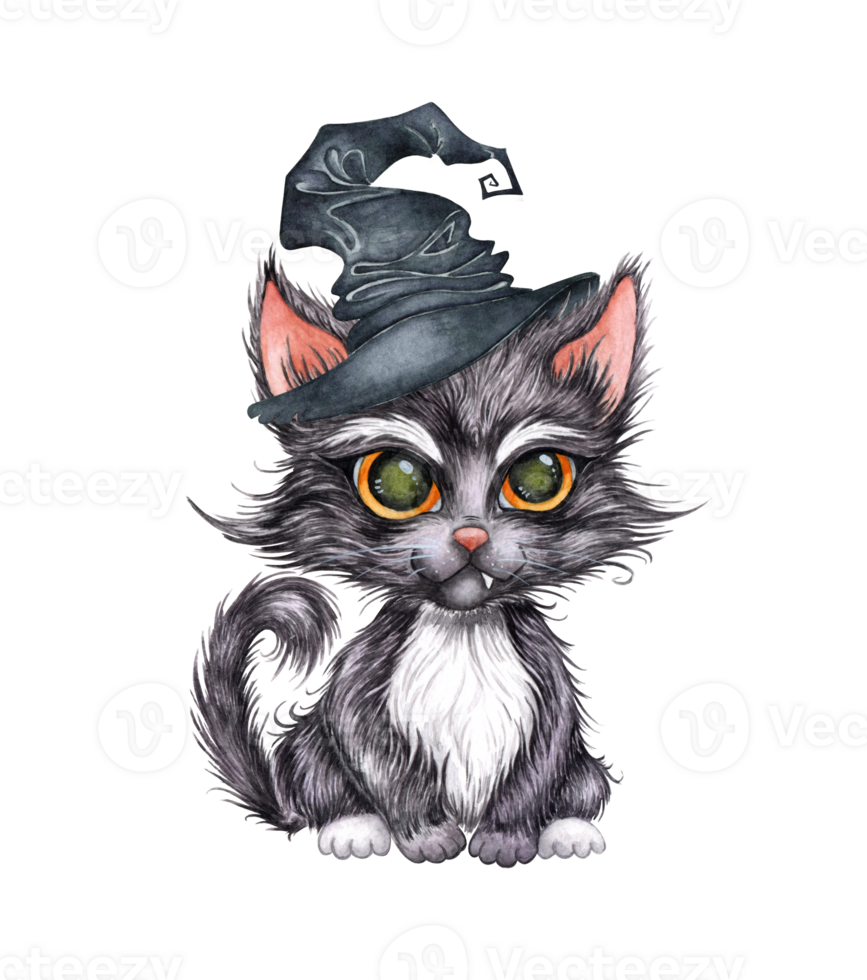 Black kitten wearing a witch hat watercolor illustration. Cat with big eyes isolated from background. Witch's mystical familiar, Halloween tradition. For the design of cards, covers, posters png