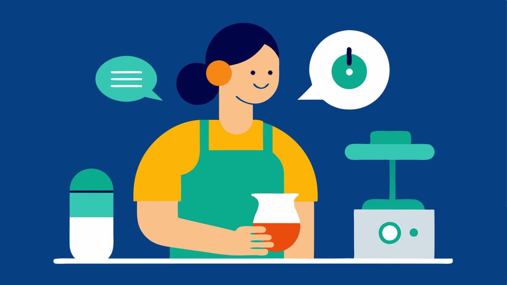 Setting a Timer A person is baking in the kitchen with a timer illustration above. They are talking to a voice assistant to set a timer for their baking task.. vector