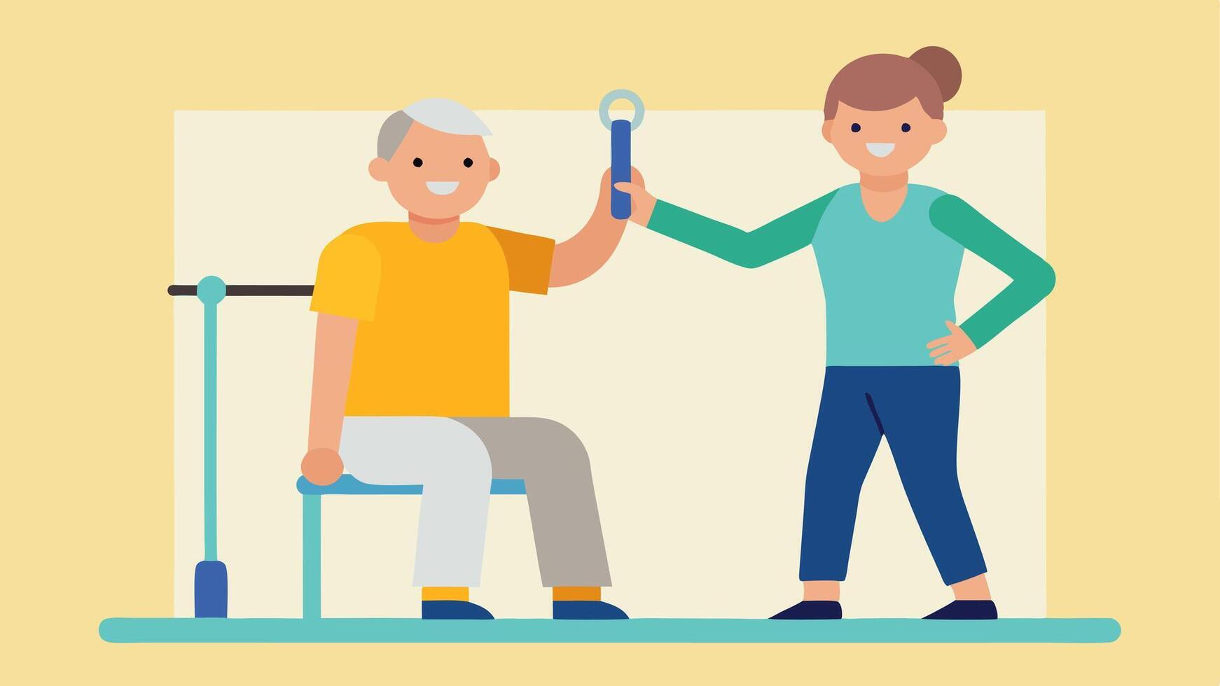 Senior Fitness Program A volunteer assisting a senior with limited mobility in a gentle exercise class using adaptive equipment like resistance bands.. vector