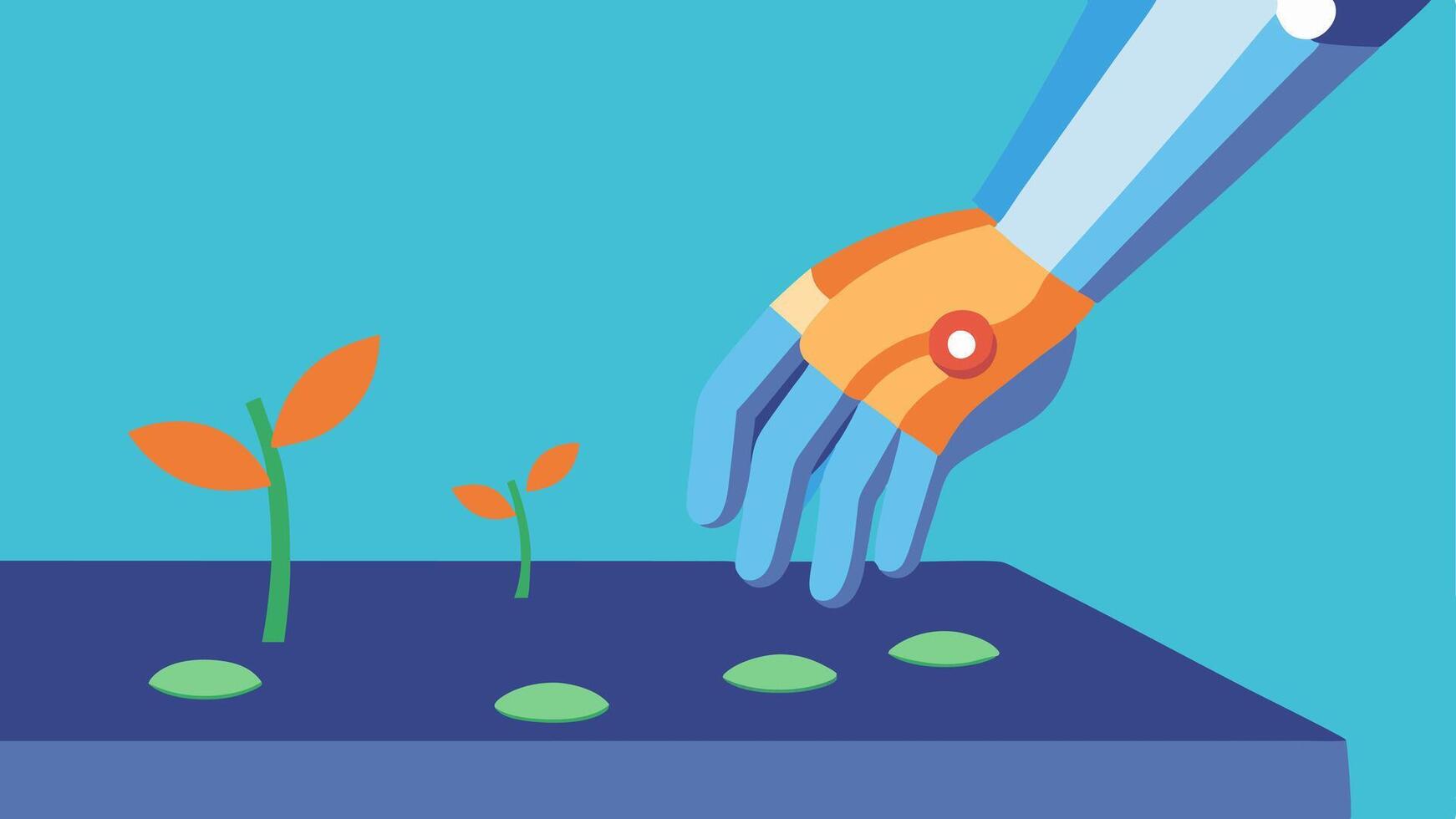Robotic Gardening A bionic hand planting seeds in a small garden bed with soil being expertly handled demonstrating its grip and gentle touch.. vector