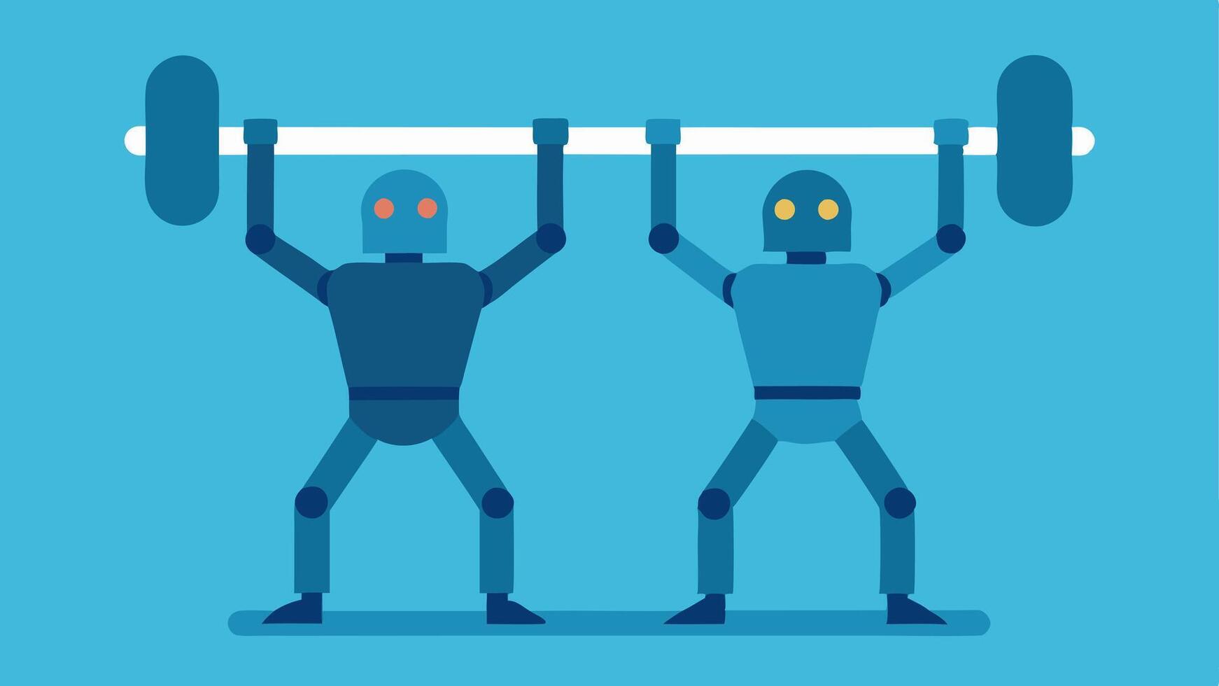 Teamwork Two individuals wearing robotic exoskeletons working together to lift a large object demonstrating collaboration and shared strength.. vector