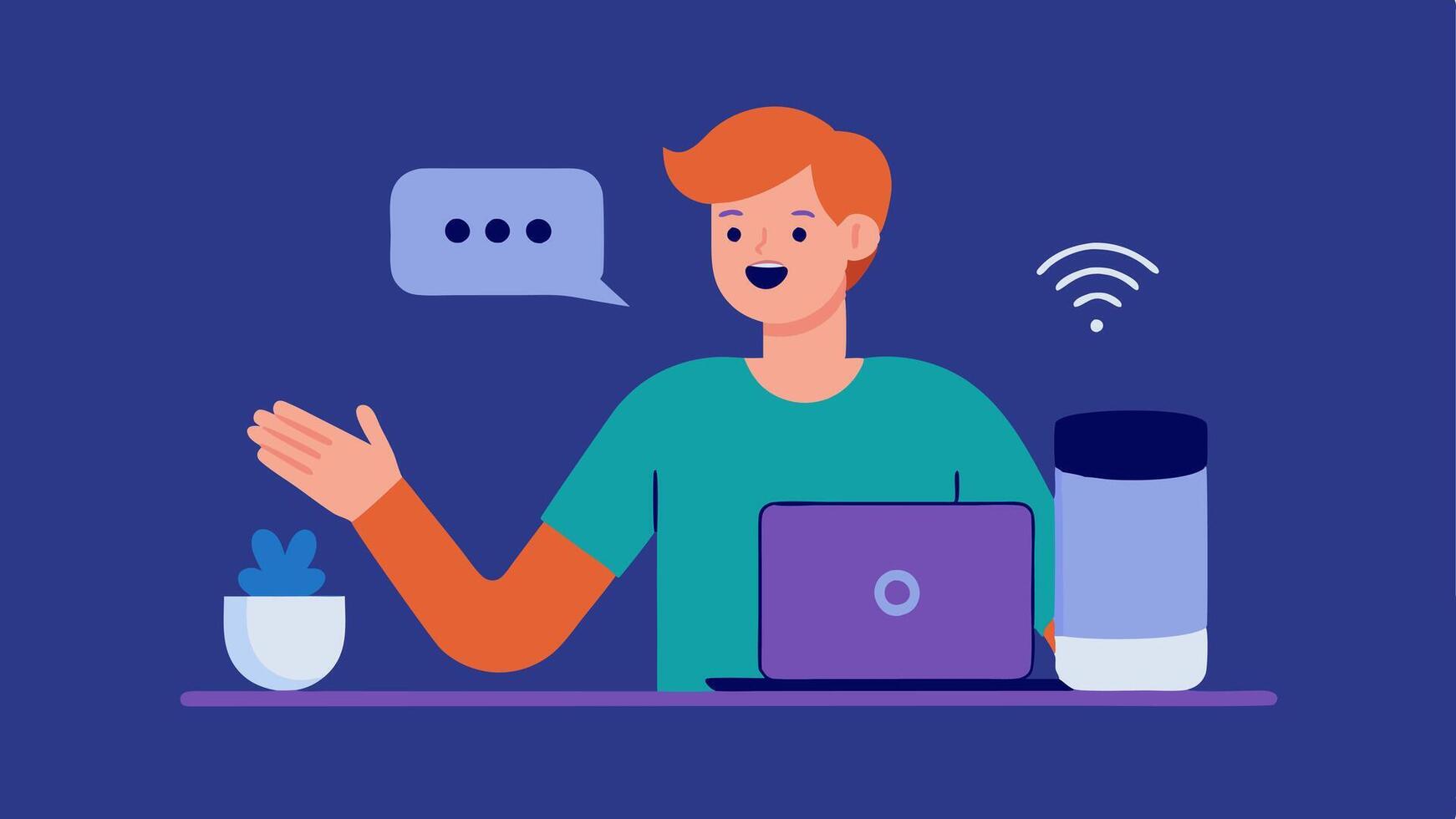 Voice Control Navigation A person gesturing towards a smart speaker with a friendly interface on their laptop showing voice command options. Visual sound waves indicate. vector