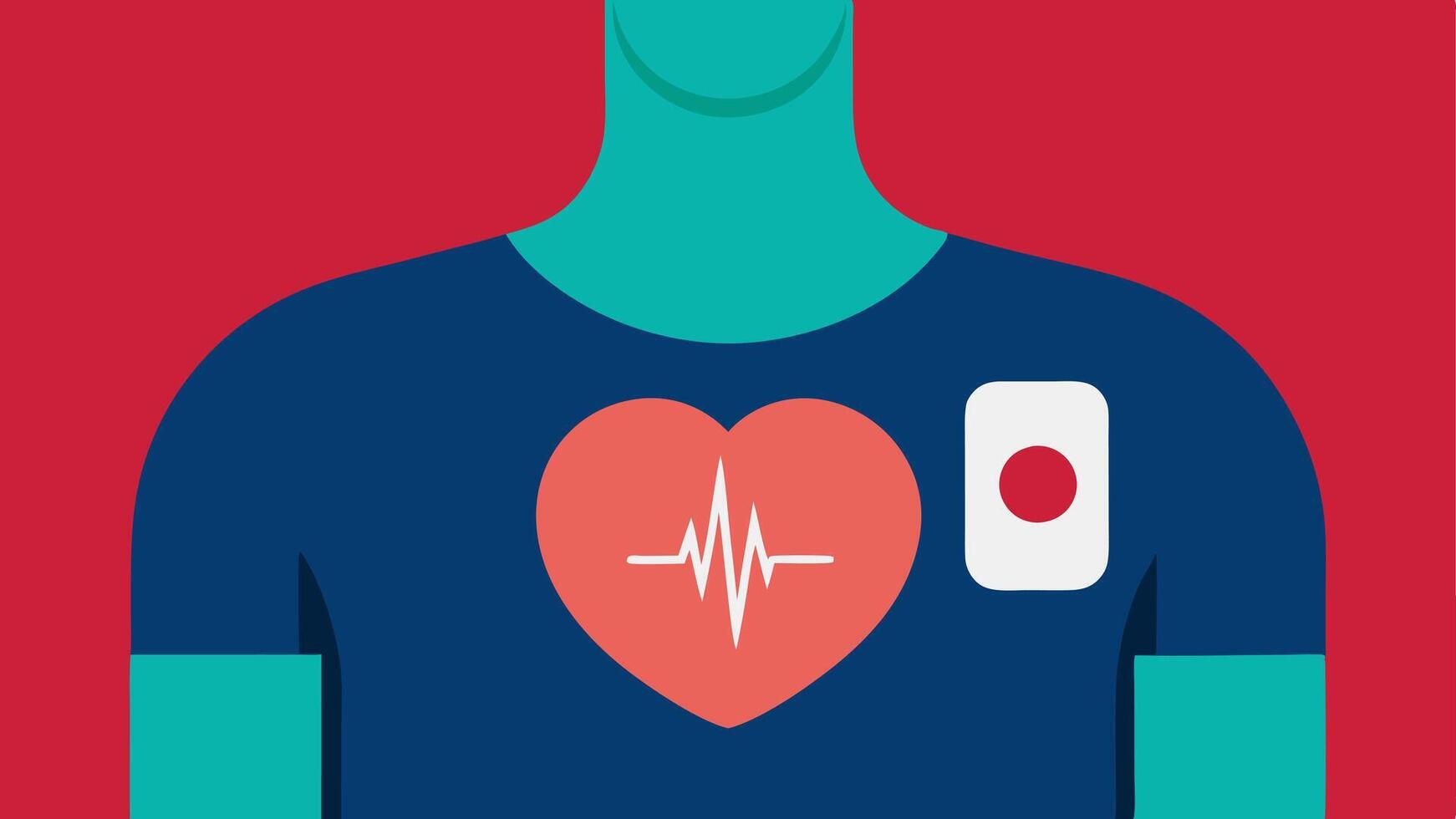 Heartbeat Sensor on Chest An illustration showing a patchstyle heart rate sensor adhered to a persons chest with a digital display indicating heart health data.. vector