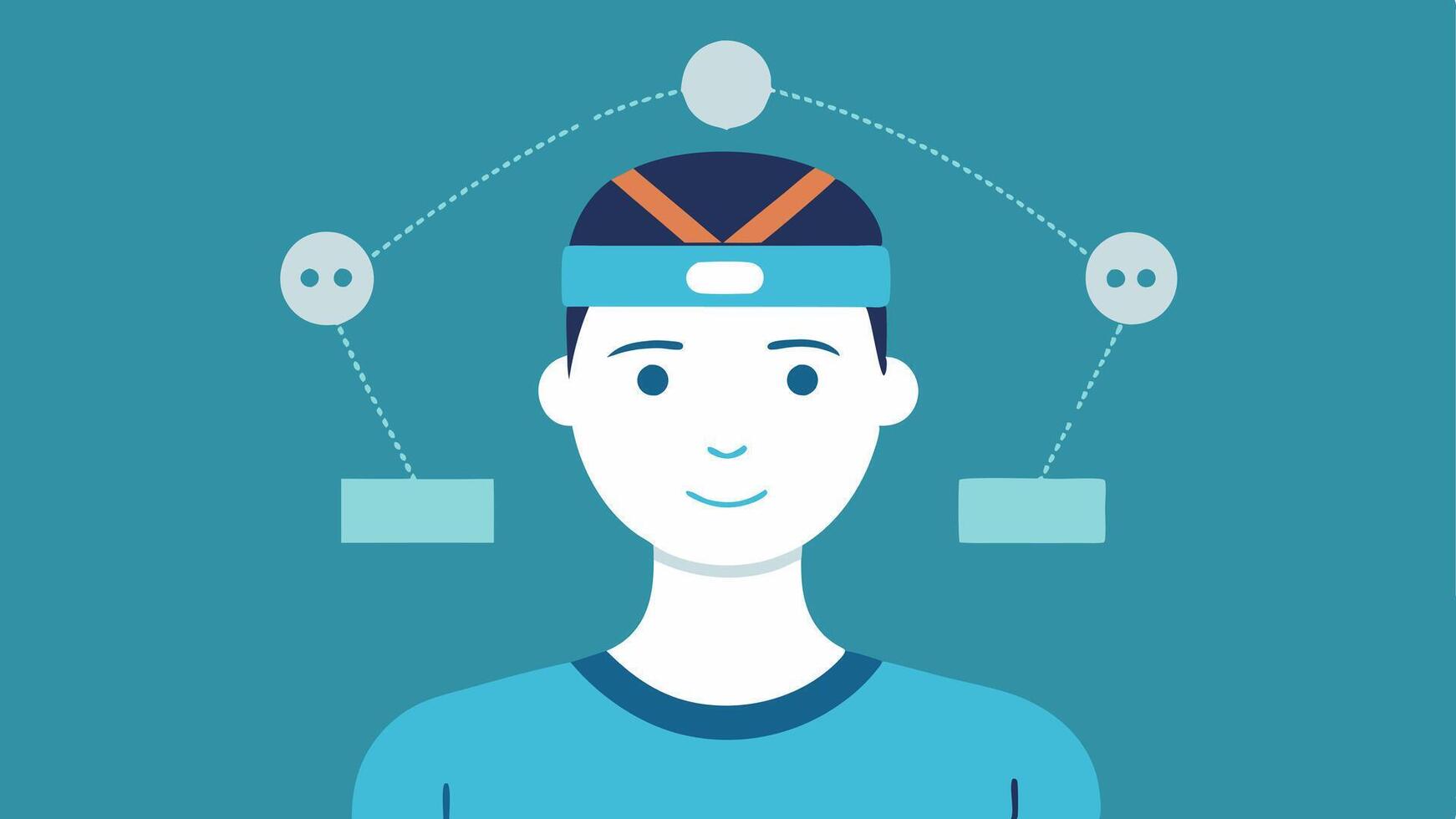 Neural Interface An illustration of a person with a headband featuring sensors connecting to a digital interface displaying brainwave data symbolizing mental control over devices.. vector