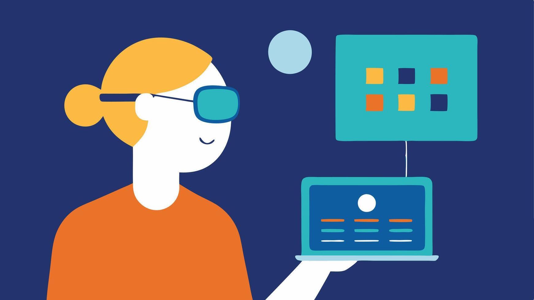 Vision Support A person using a screen reader to explore a telehealth app on their tablet. They are wearing glasses designed to enhance visibility and there are braille labels on. vector