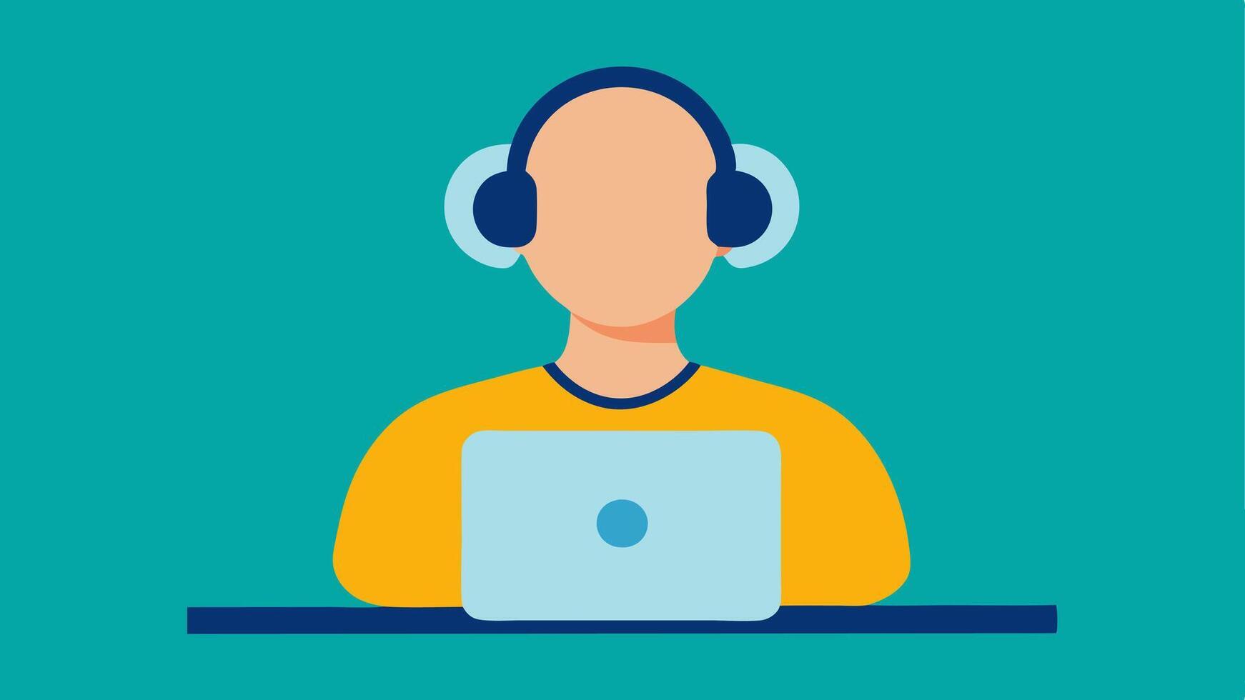 Hearing Assistance Device A person wearing a small hearing aid while participating in a virtual meeting on a laptop highlighting assistive devices for hearing.. vector