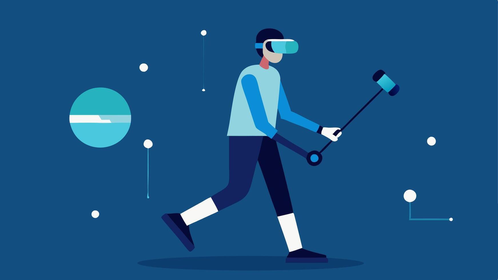 Virtual Reality Testing An illustration of a researcher using a virtual reality headset to simulate walking with a prosthetic limb demonstrating new technologies for testing.. vector