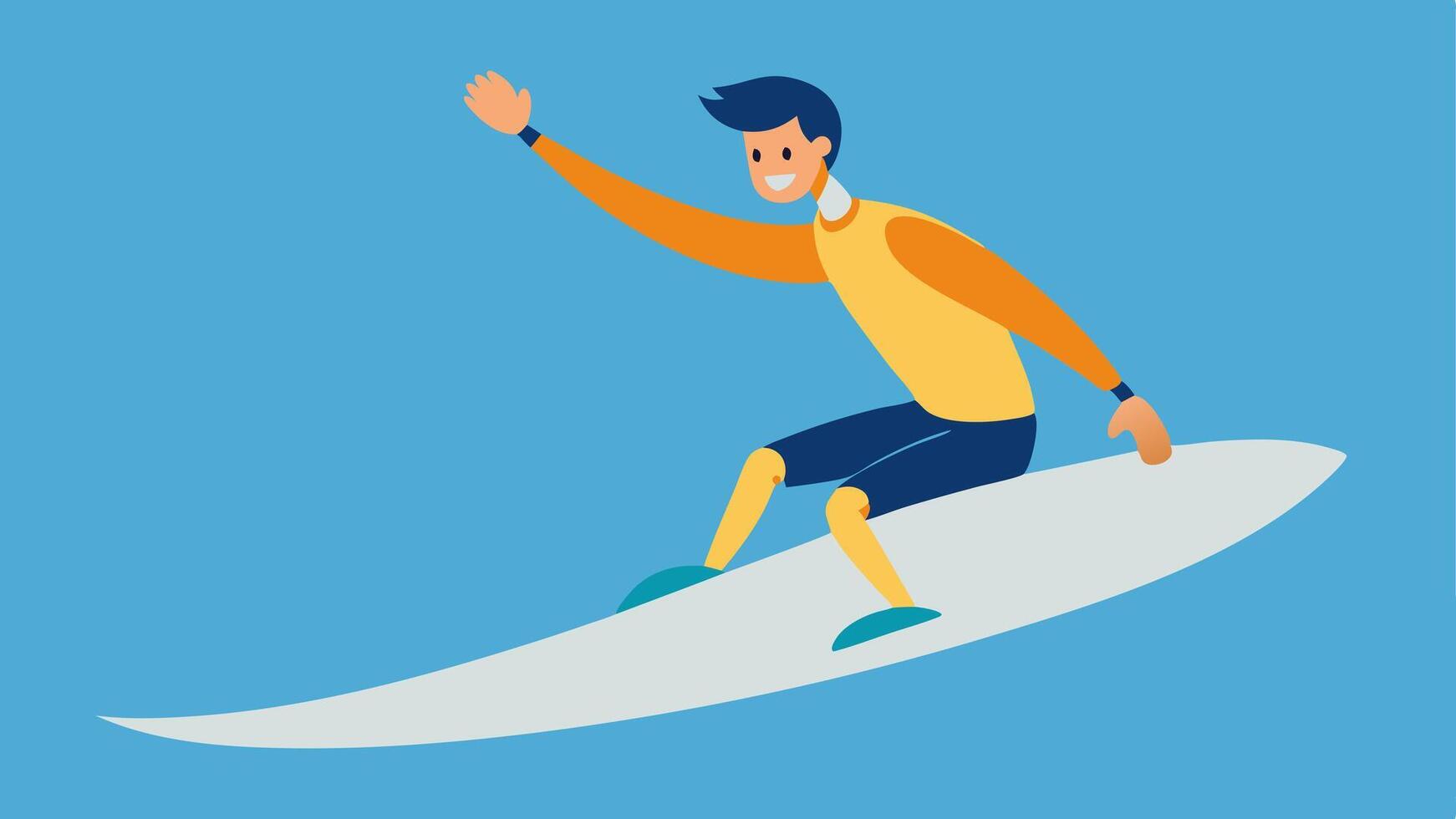 Surfing on a Wave A person riding a surfboard with a prosthetic arm that has an extended grip catching a wave with a big smile.. vector