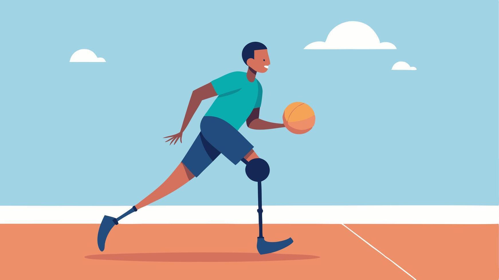 Playing Adaptive Basketball A person with a prosthetic leg skillfully dribbles a basketball on an outdoor court. Their focused expression and dynamic pose highlight the excitement. vector