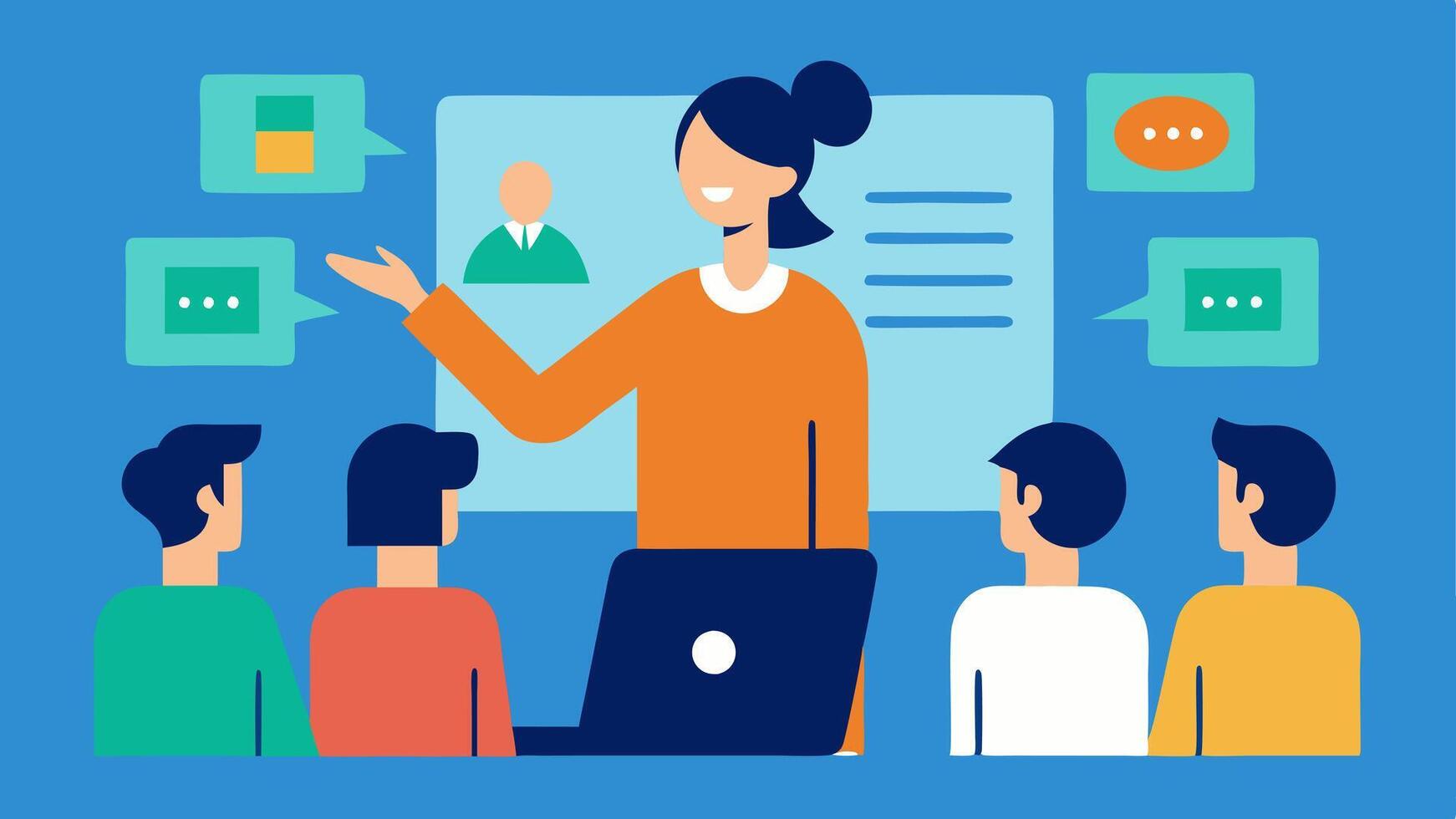 Remote Leadership A person leading a virtual team meeting confidently pointing at a presentation screen while using a screen reader to deliver information clearly and effectively. vector