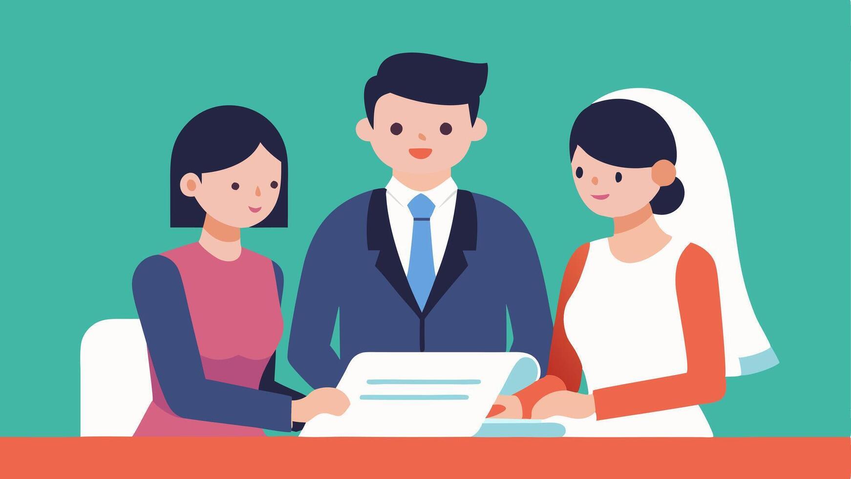 Signing the Marriage Certificate A couple seated at a table with a wedding officiant using a largeprint document and an interpreter signing the vows.. vector