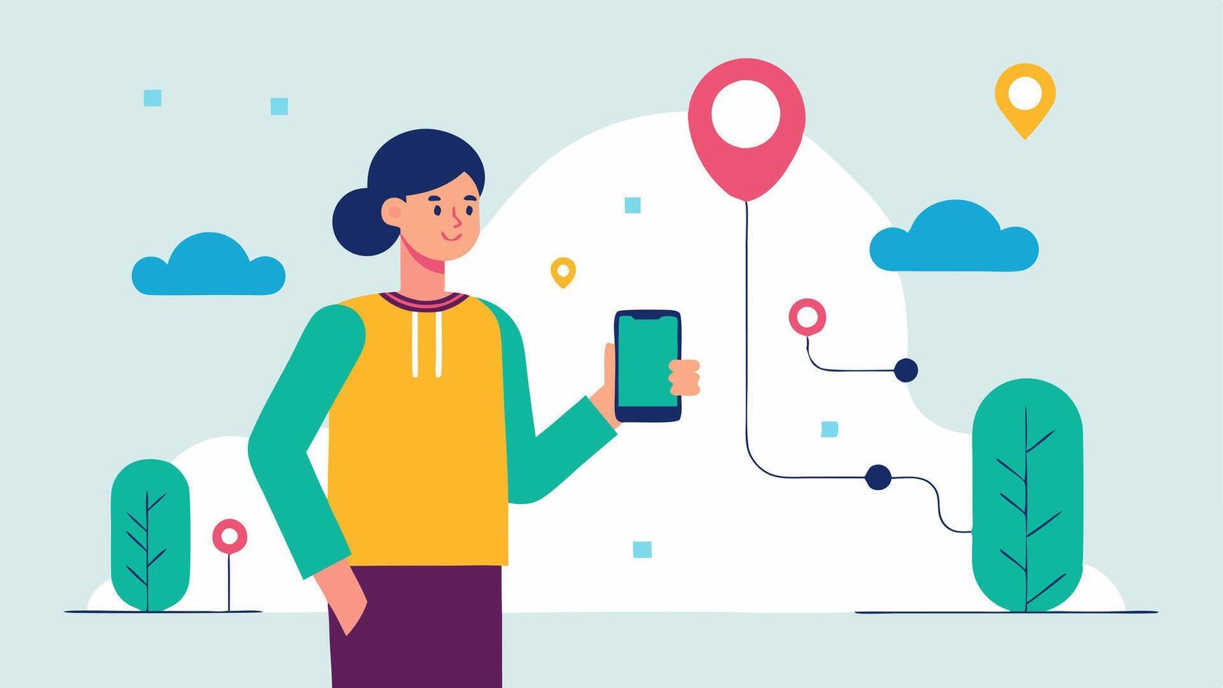 Navigation Help A person stands outside with a phone in hand and a voice assistant displayed on the screen. A route map shows instructions based on their voice query.. vector