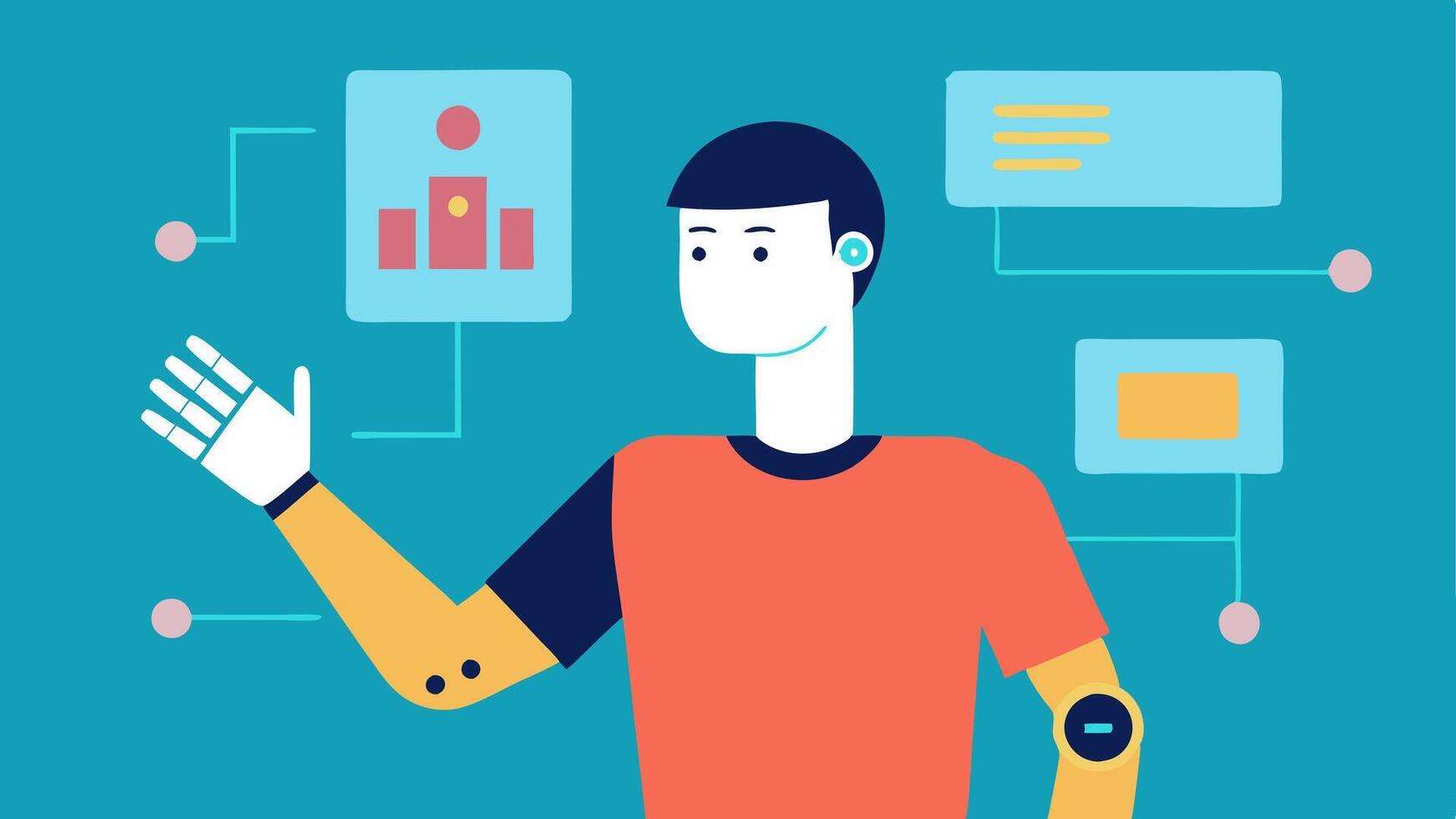 Technology Interaction An individual gestures in front of a smart screen with a bionic arm using advanced controls to interact with technology effortlessly.. vector