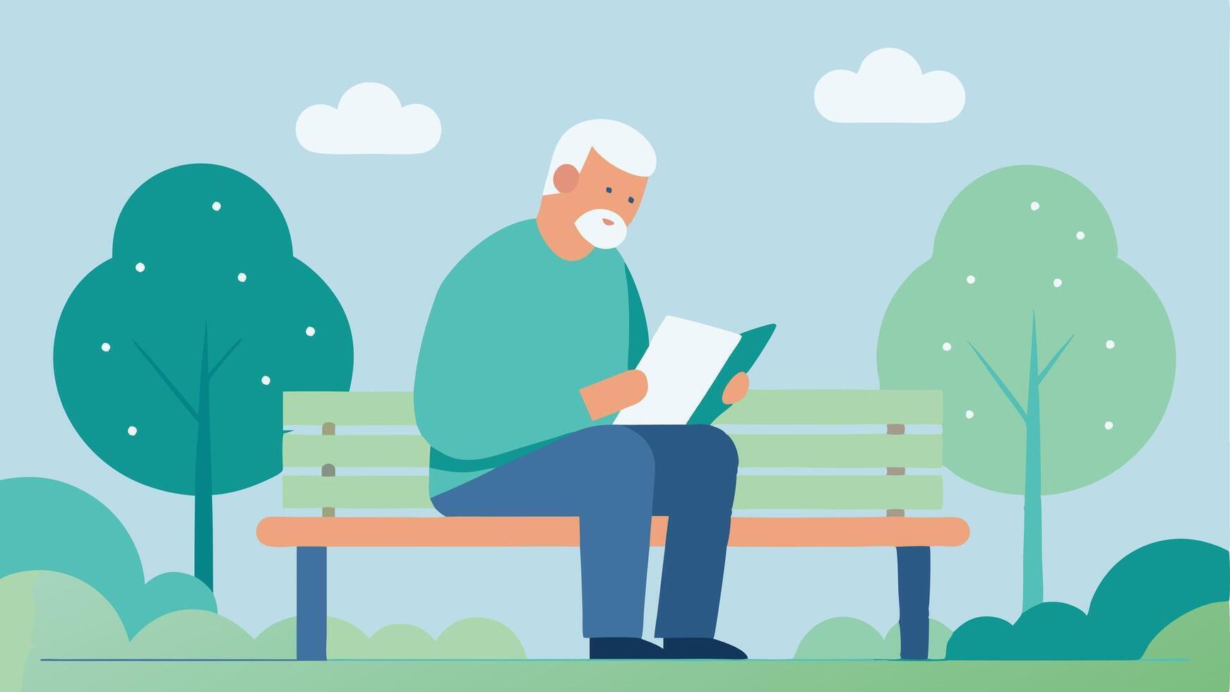 Outdoor Reading An elderly man sitting on a park bench using a portable Braille display. The scene has trees and greenery emphasizing a peaceful outdoor reading experience.. vector