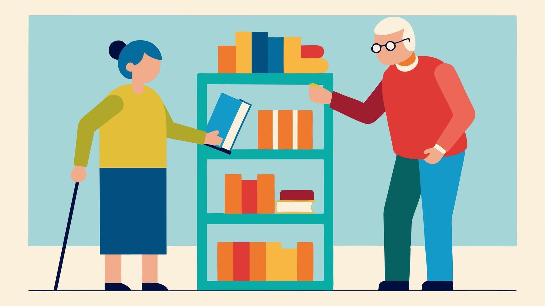 Library Support A senior with visual impairment using a magnifying tool to sort books on a shelf as another volunteer hands them books and offers assistance.. vector