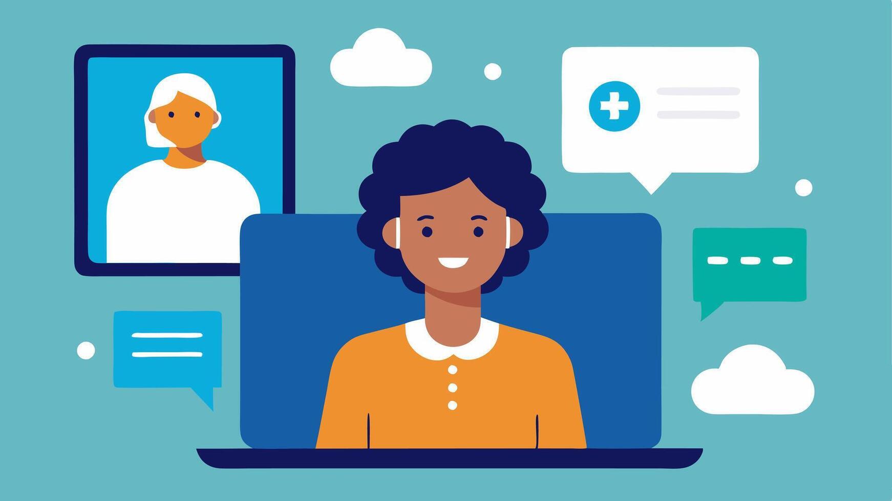 Virtual Support A splitscreen illustration of a mental health professional calling a client who has a hearing impairment indicating the use of captions and visual cues on the. vector