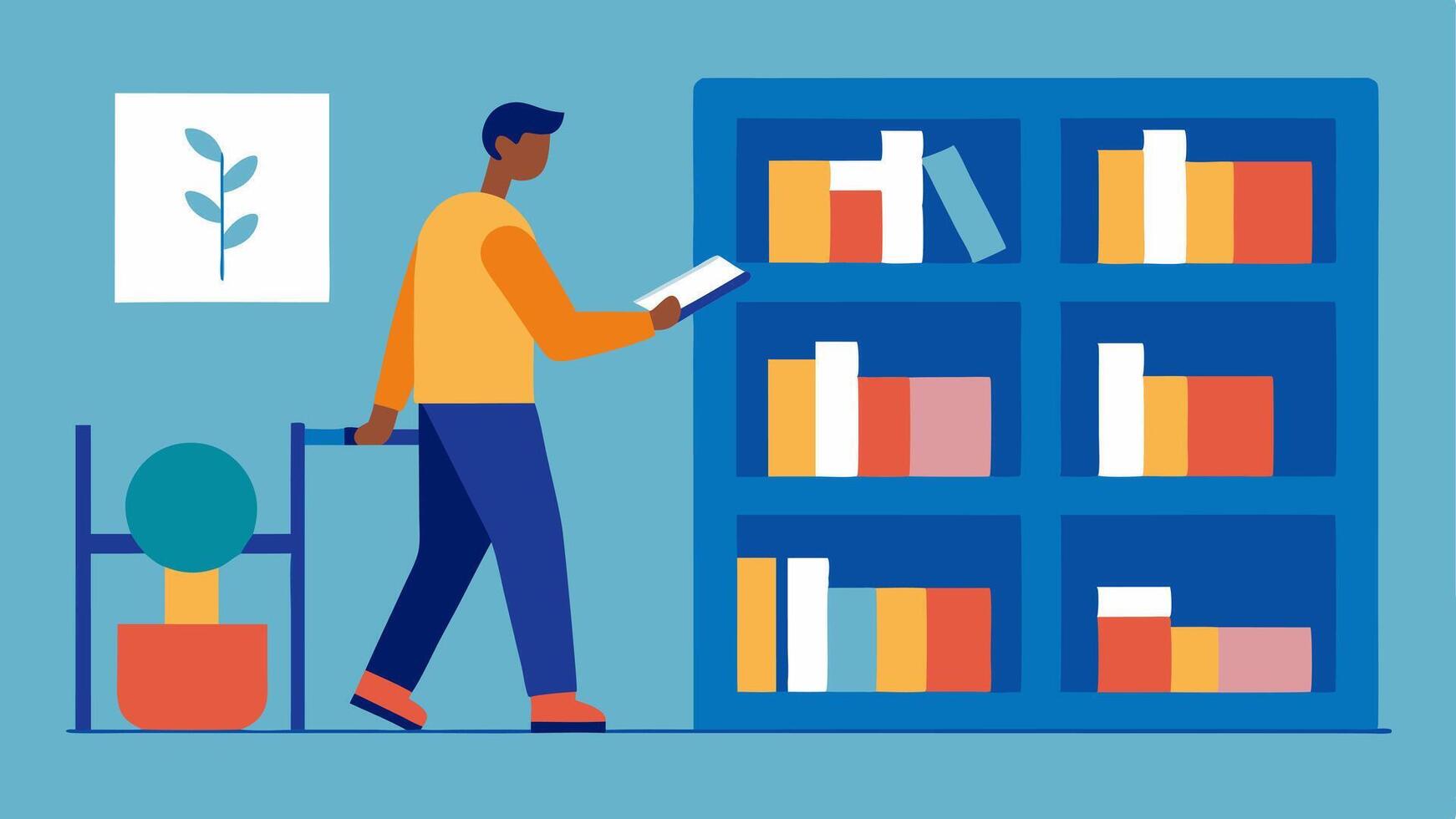 Library Resources An illustration of an adult browsing through a library filled with books and accessible learning materials with features like large print and braille.. vector