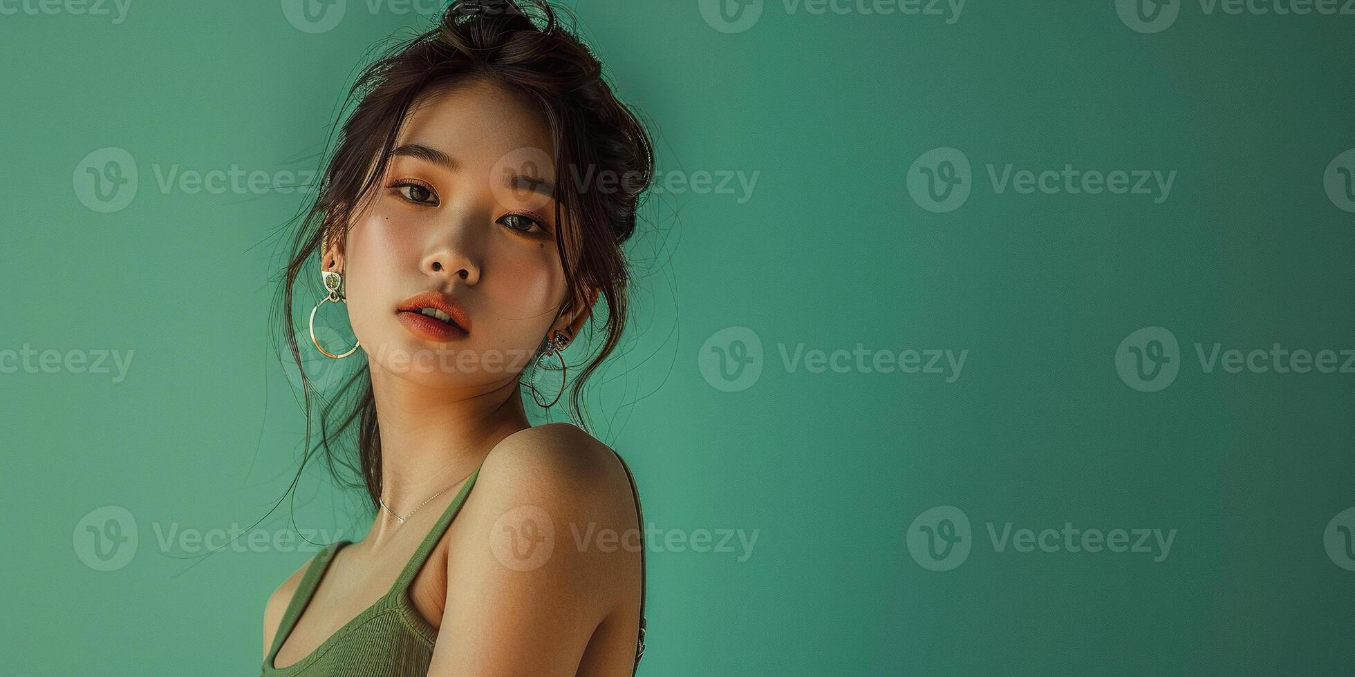 Fashion, young skinny Asian woman model in a crop top, vibrant background wallpaper backdrop. Copy space, bright colors, photo shoot posing, youth, beauty
