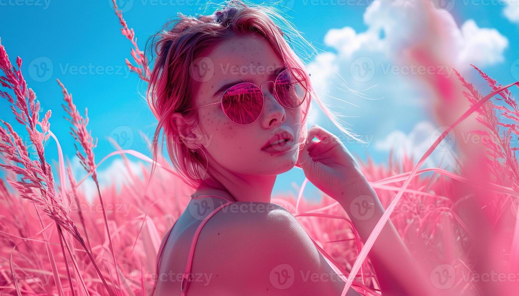 Fashion, millennial woman model, seductive gaze, pink blooming flowers, blue sky background wallpaper backdrop. Copy space, bright neon colors, skincare, natural beauty, youth, attractive photo