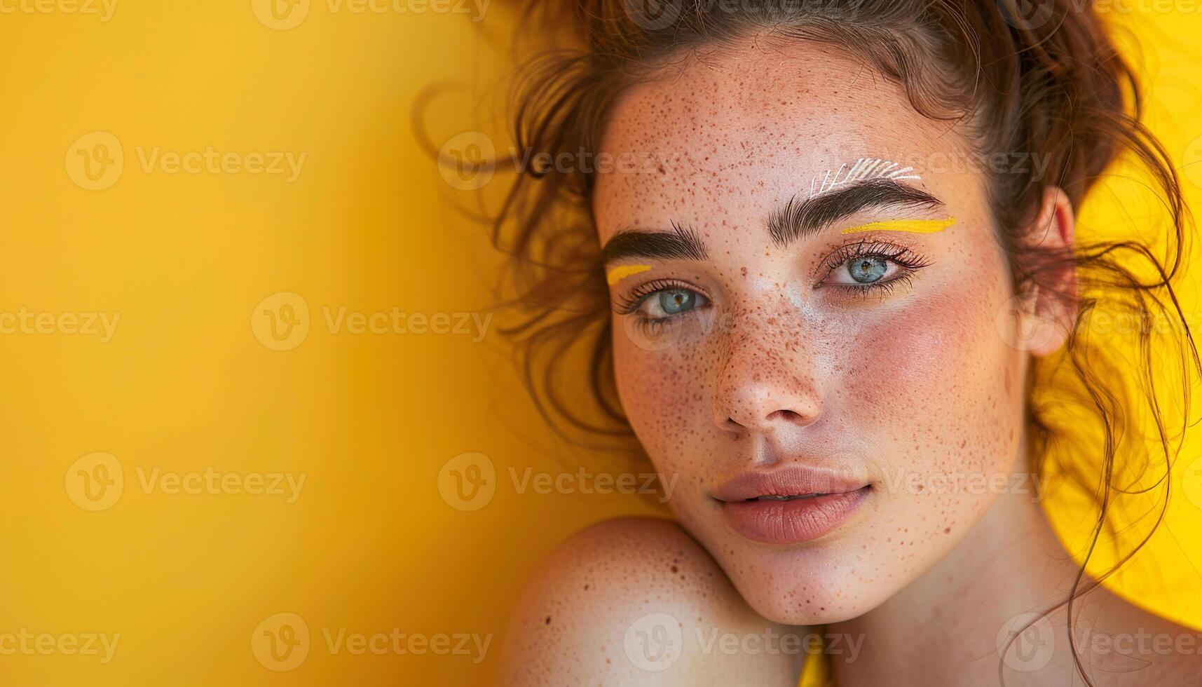 Fashion, young millennial woman smiling, bold makeup, copy space, natural beauty, bright yellow and pink colors background wallpaper backdrop. photo