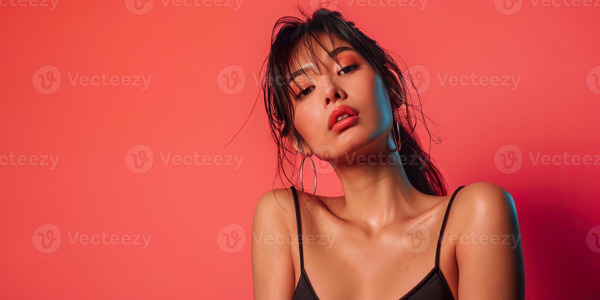 Fashion, young skinny Asian woman model in a crop top, vibrant background wallpaper backdrop. Copy space, bright colors, photo shoot posing, youth, beauty