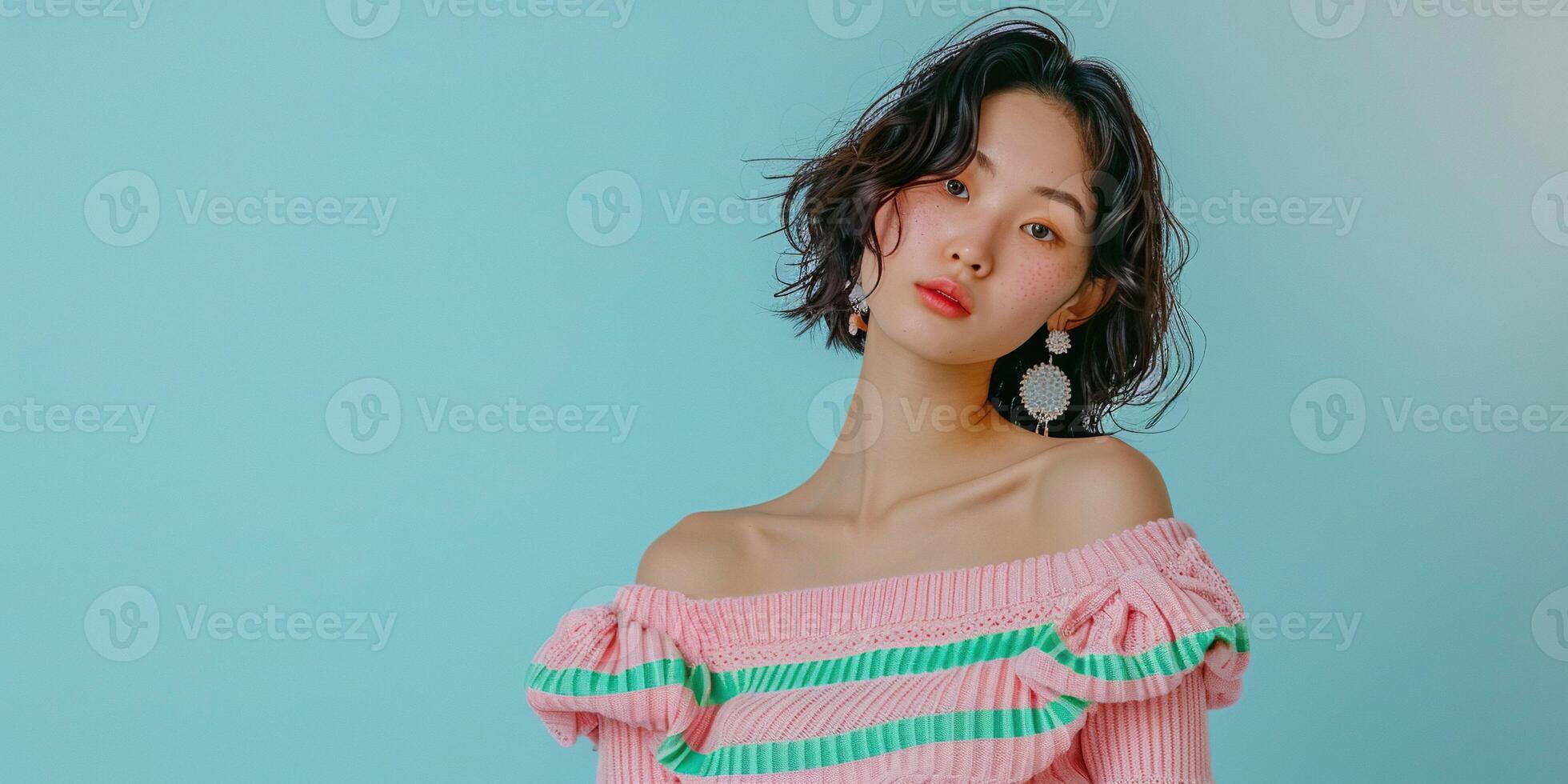 Fashion, young Asian woman in a wool crop top, pastel colors background wallpaper backdrop. Copy space, bright positive tones, model posing, natural beauty, skin and hair care photo