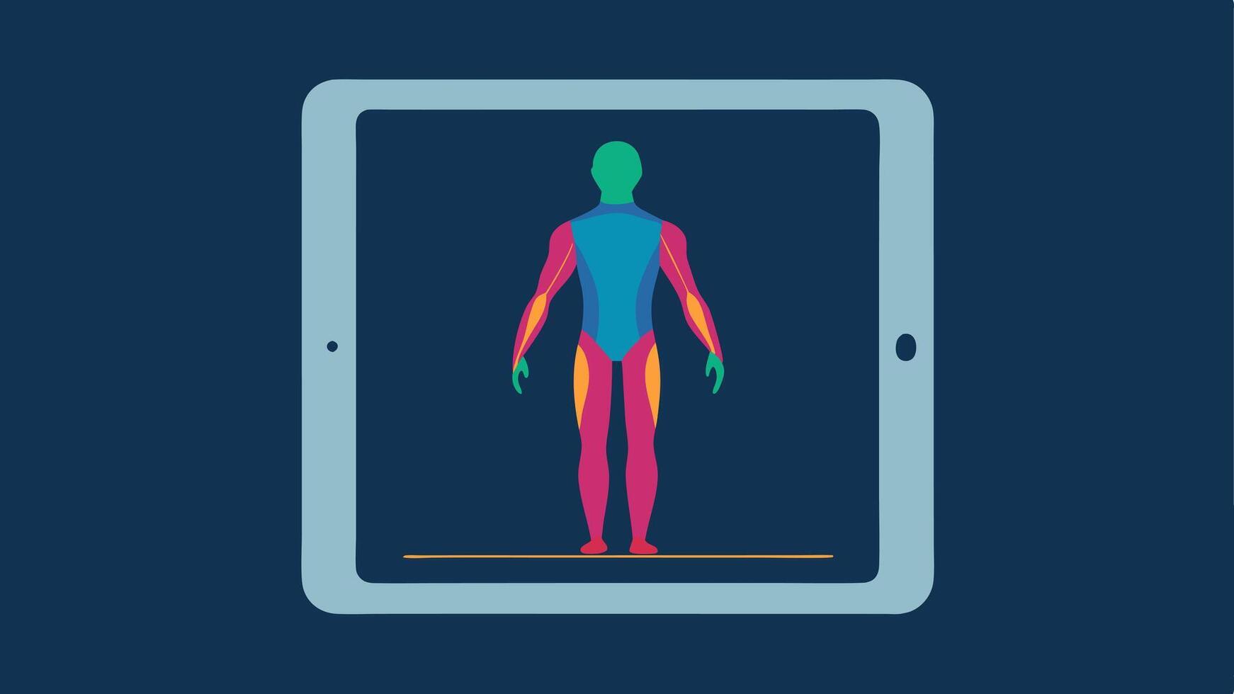 Tablet Display A sleek tablet screen shows a colorful outline of a human body with highlighted areas indicating abnormalities detected by the MRI scan.. vector