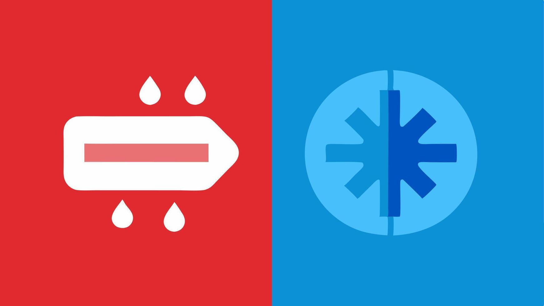 Thermal Shock Relief A splitscreen depiction showing before and after effects of cold therapy on an injured area with the before section highlighted in red and the after in cool. vector