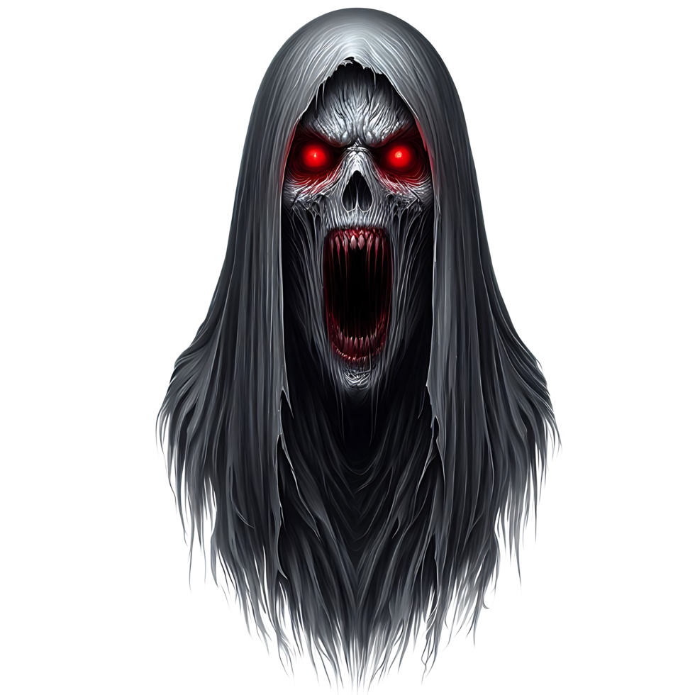 Realistic scary ghost red eyes face is used as a design resource for t-shirts halloween or black friday festival png