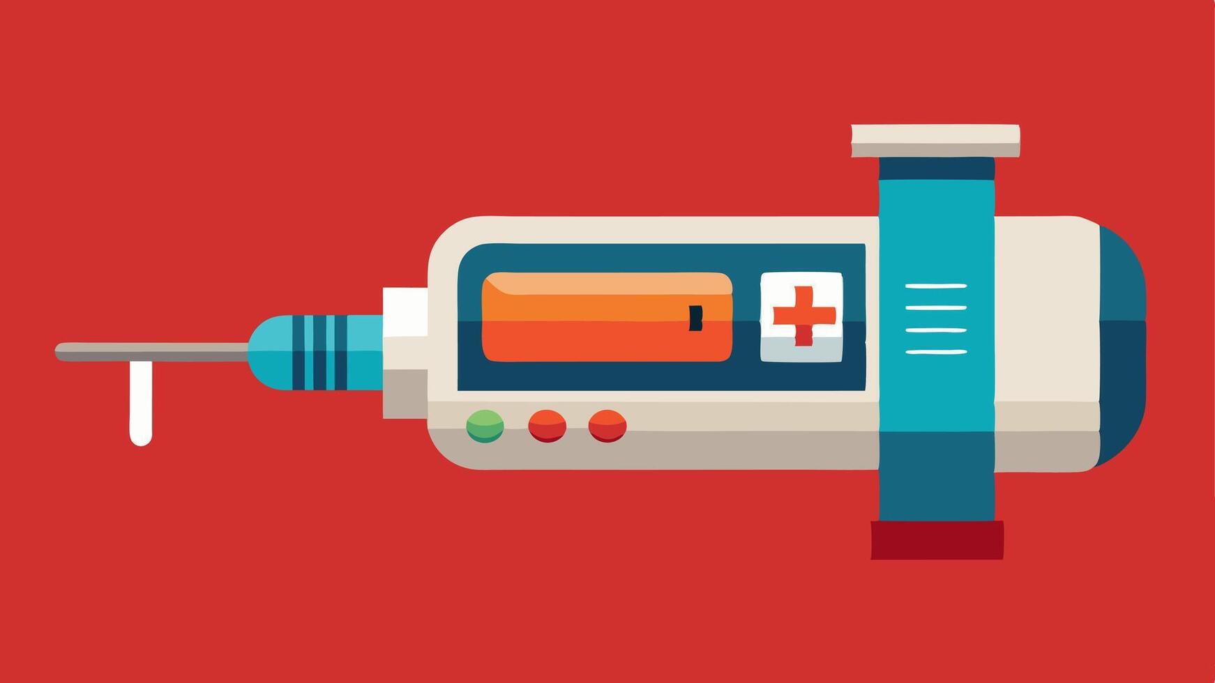 Syringe Injector A stylized syringe injector filled with liquid supplements featuring intuitive controls and a virtual display that monitors dosage and timing.. vector