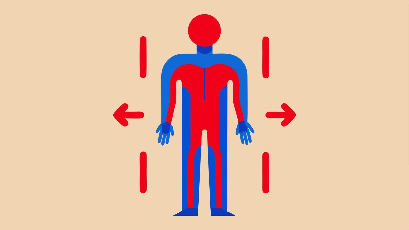 Thermal Scan and Circulation Indicators A fullbody illustration with red and blue areas accompanied by icons representing flow like arrows in regions that show heat anomalies. vector
