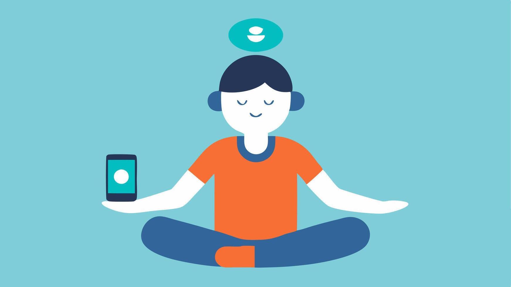 Stress Management A person in a meditation pose tapping on their smarch. The display shows a calm face icon with stress level indicators.. vector