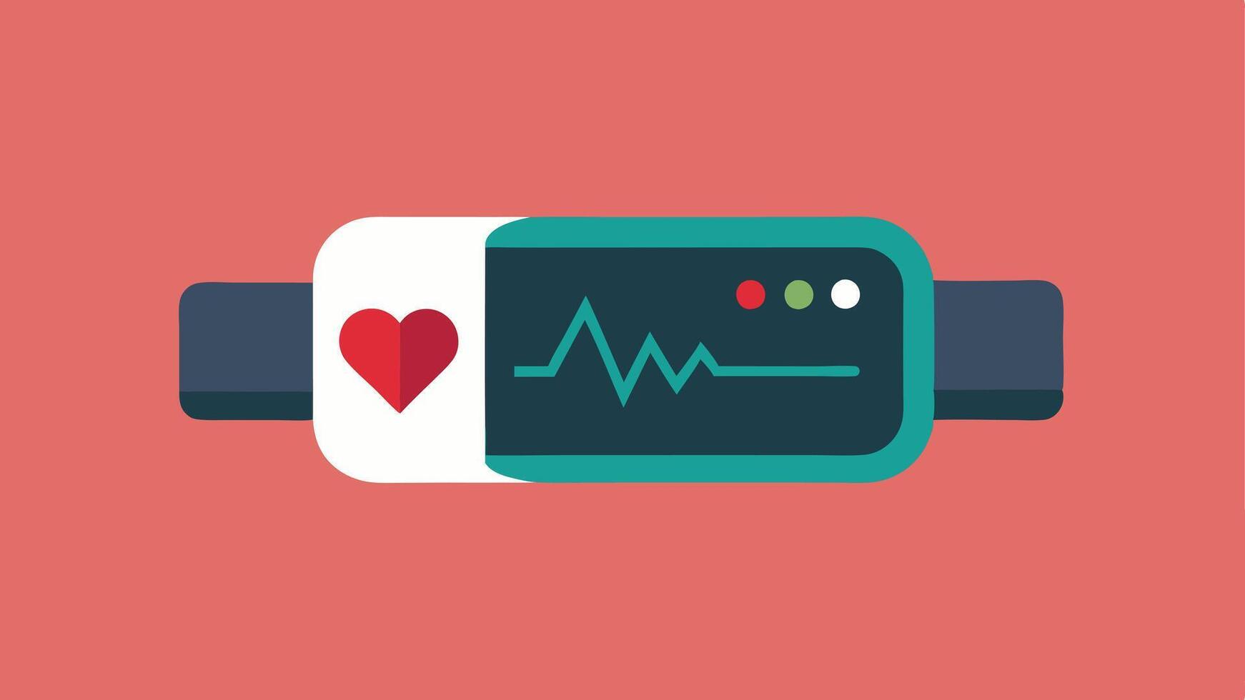 Wristband Monitor A sleek wristband with a small digital screen displaying hormone levels. The design features a heart rate icon and fluctuating line graphs that represent cortisol. vector