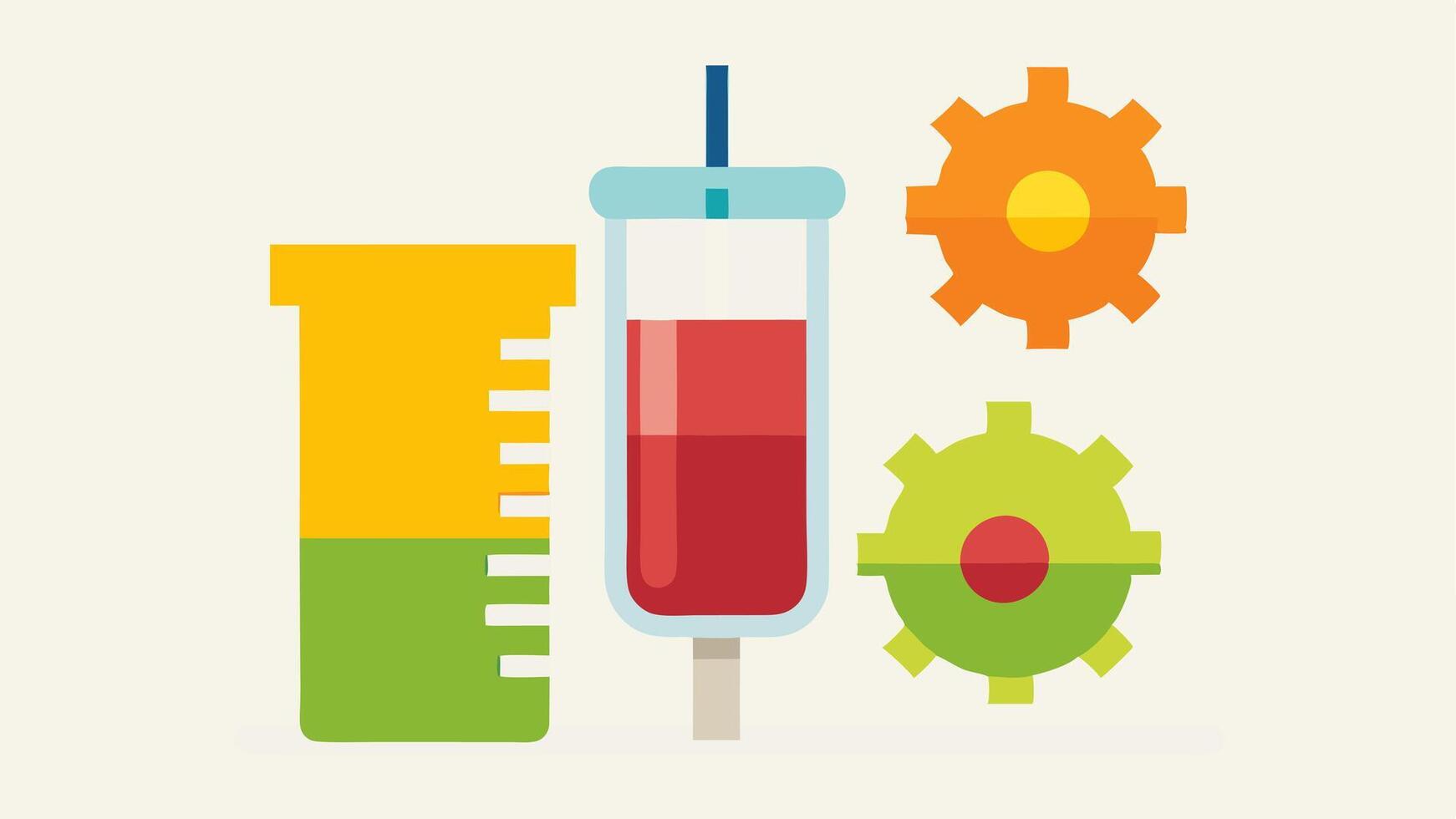 Syringe and Fruit with Gear A syringe filled with colorful juices next to a gear illustrating the concept of blending biological enhancements with nutrition.. vector