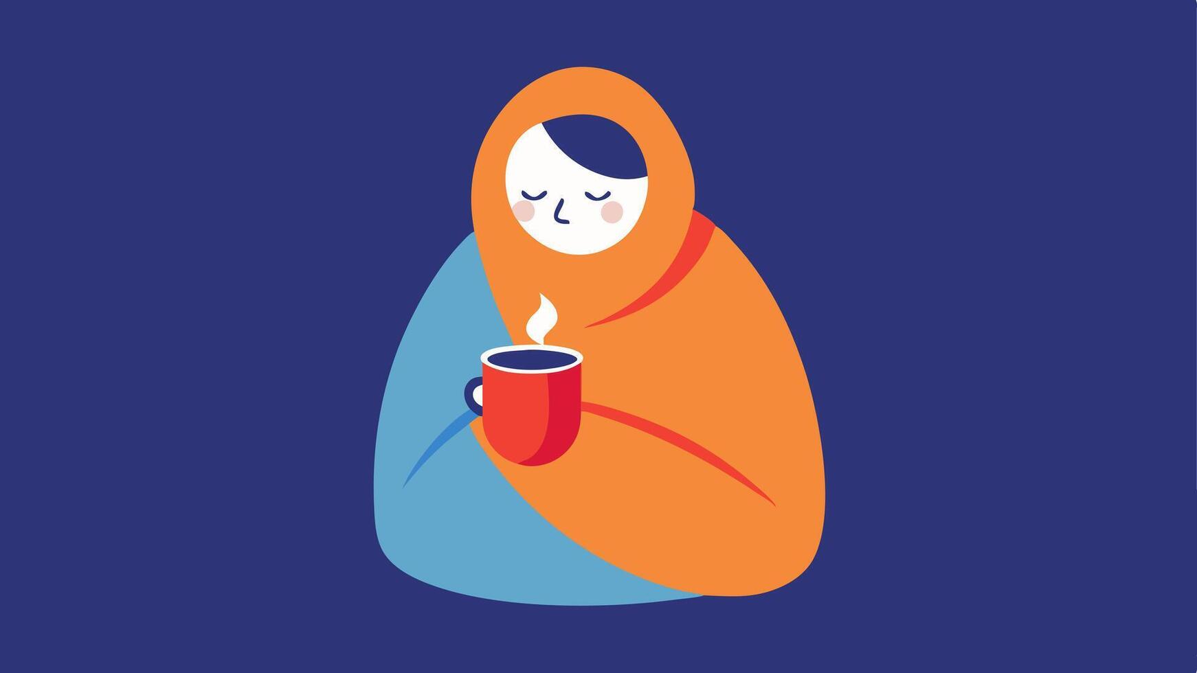 Posttherapy Relaxation The same person wrapped in a warm blanket sipping a hot beverage after the cold plunge emphasizing recovery and relaxation.. vector