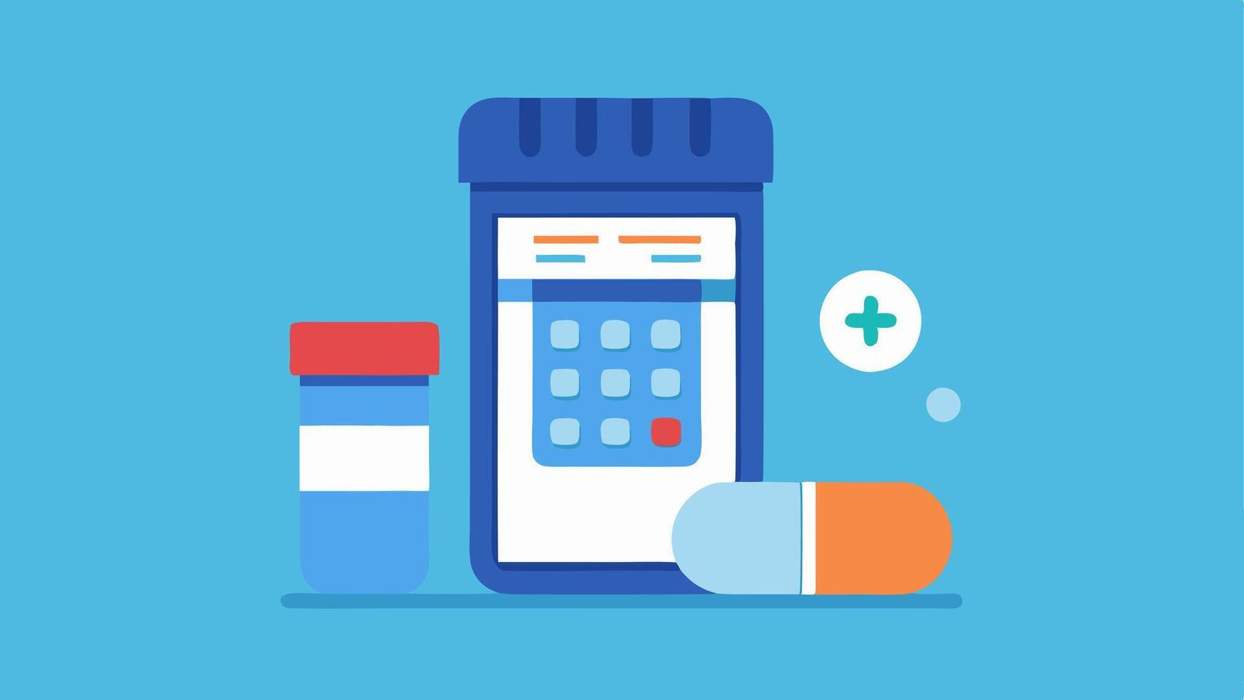 Smart Pill Bottle A pill bottle with an integrated screen displaying reminders for medication times standing next to an open calendar showcasing adherence technology.. vector
