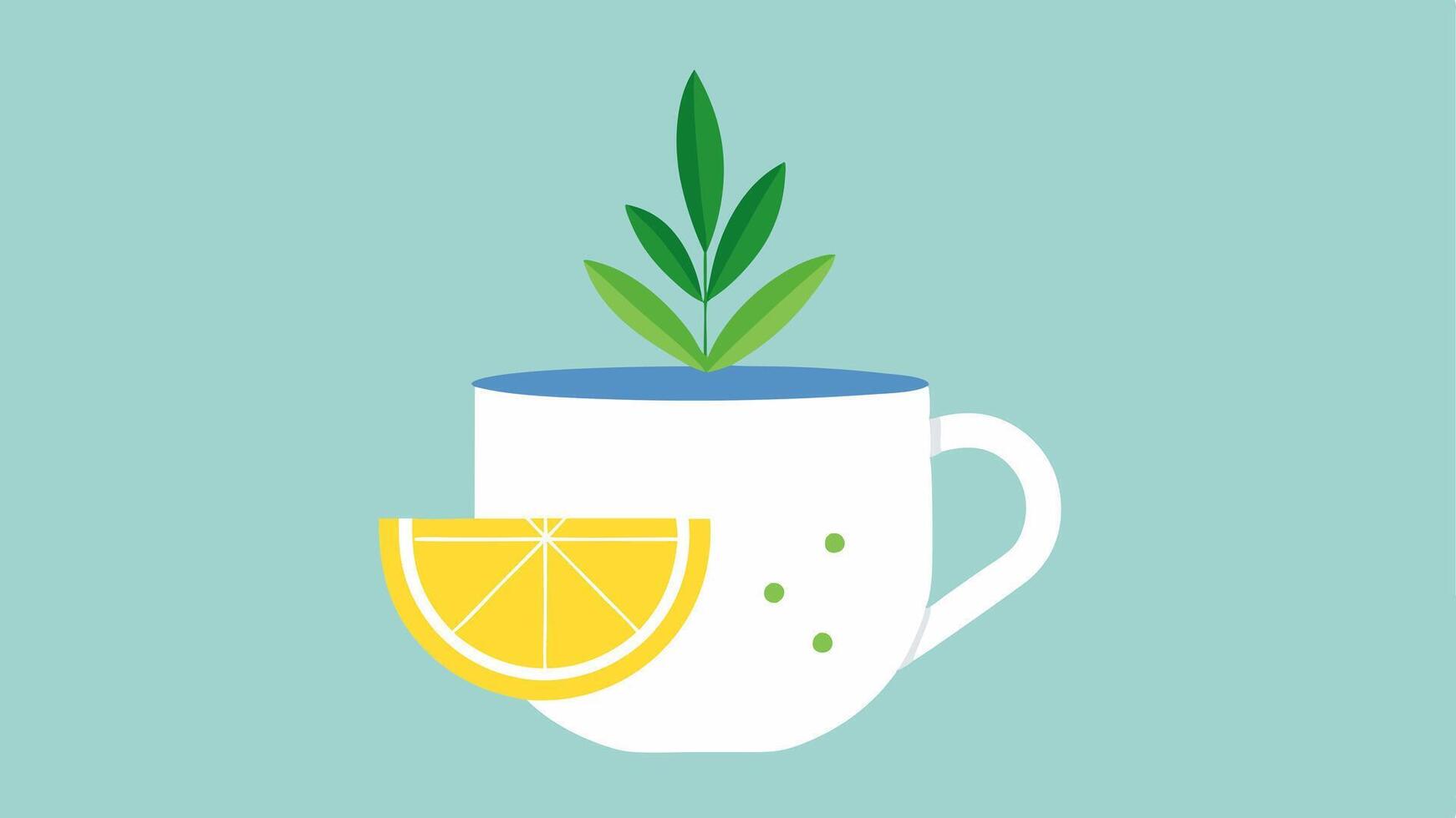 Warm Herbal Tea A steaming cup of herbal tea with fresh herbs and lemon around it suggesting relaxation and natural immune support.. vector