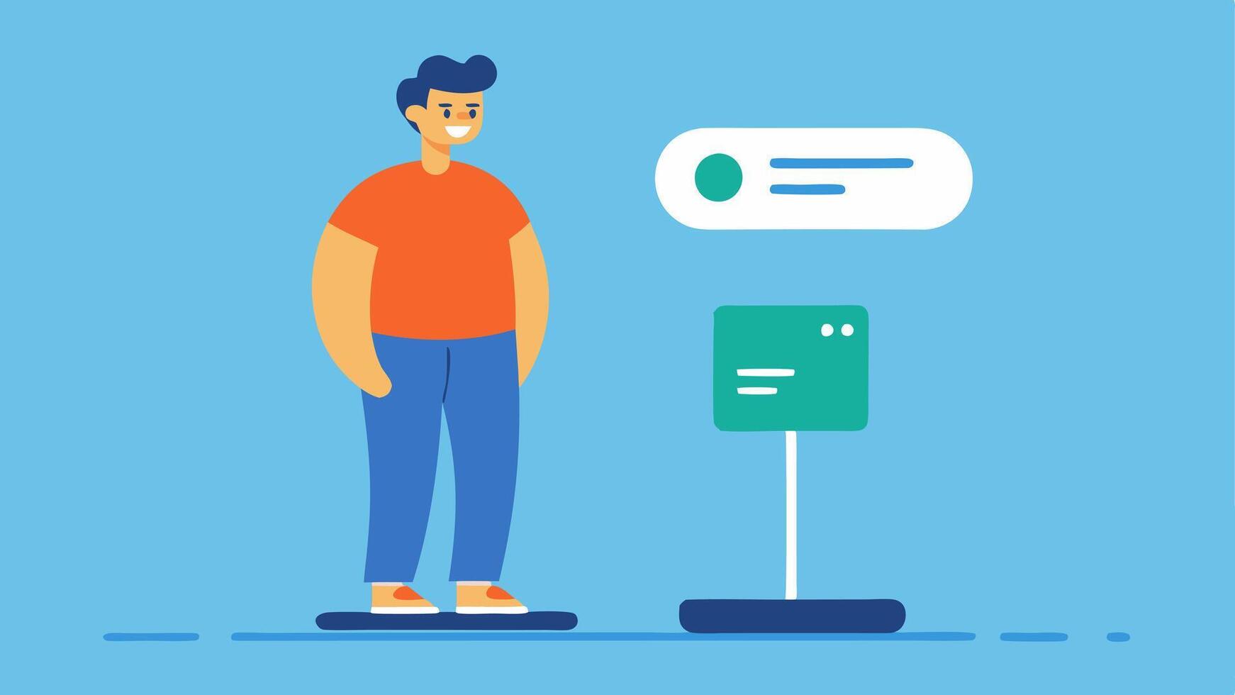 Tracking Progress A patient standing on a scale looking at their fitness tracker which displays weight metrics and motivational phrases surrounded by a positive atmosphere.. vector