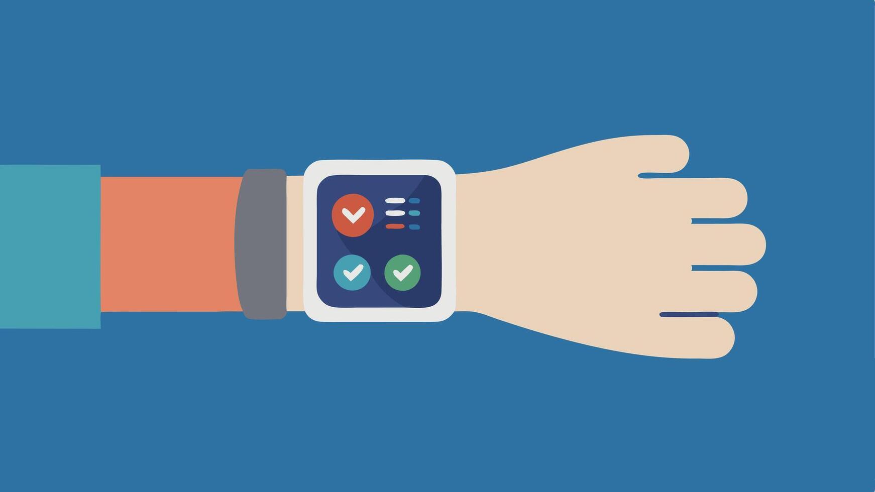 Wearable Device A closeup of a patients wrist showing a sleek wearable device that displays realtime exercise metrics and reminders for therapy sessions.. vector