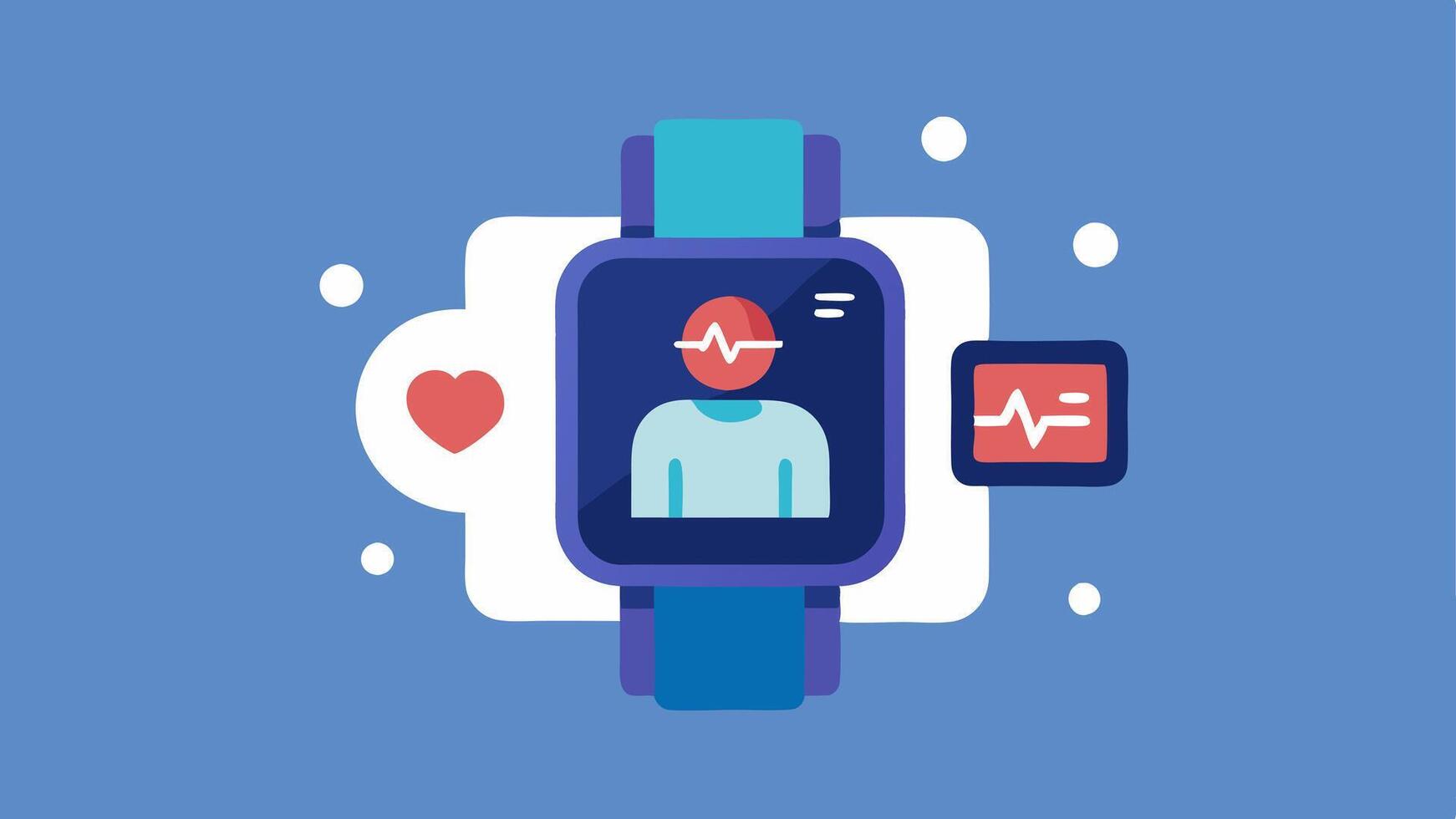 Wearable Health Monitor An illustration of a smarch displaying heart rate and health alerts connected to an AI system that processes health data.. vector