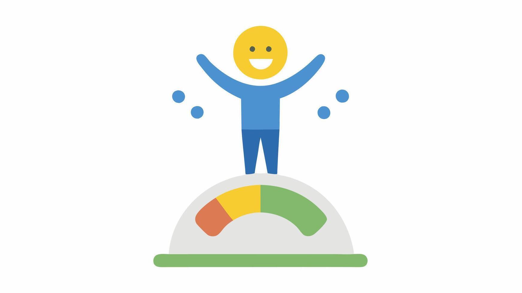 Progress Tracker The user stands on a scale with a translucent gauge visible in the air displaying weight loss progress as a percentage with a cheerful feedback emoji.. vector