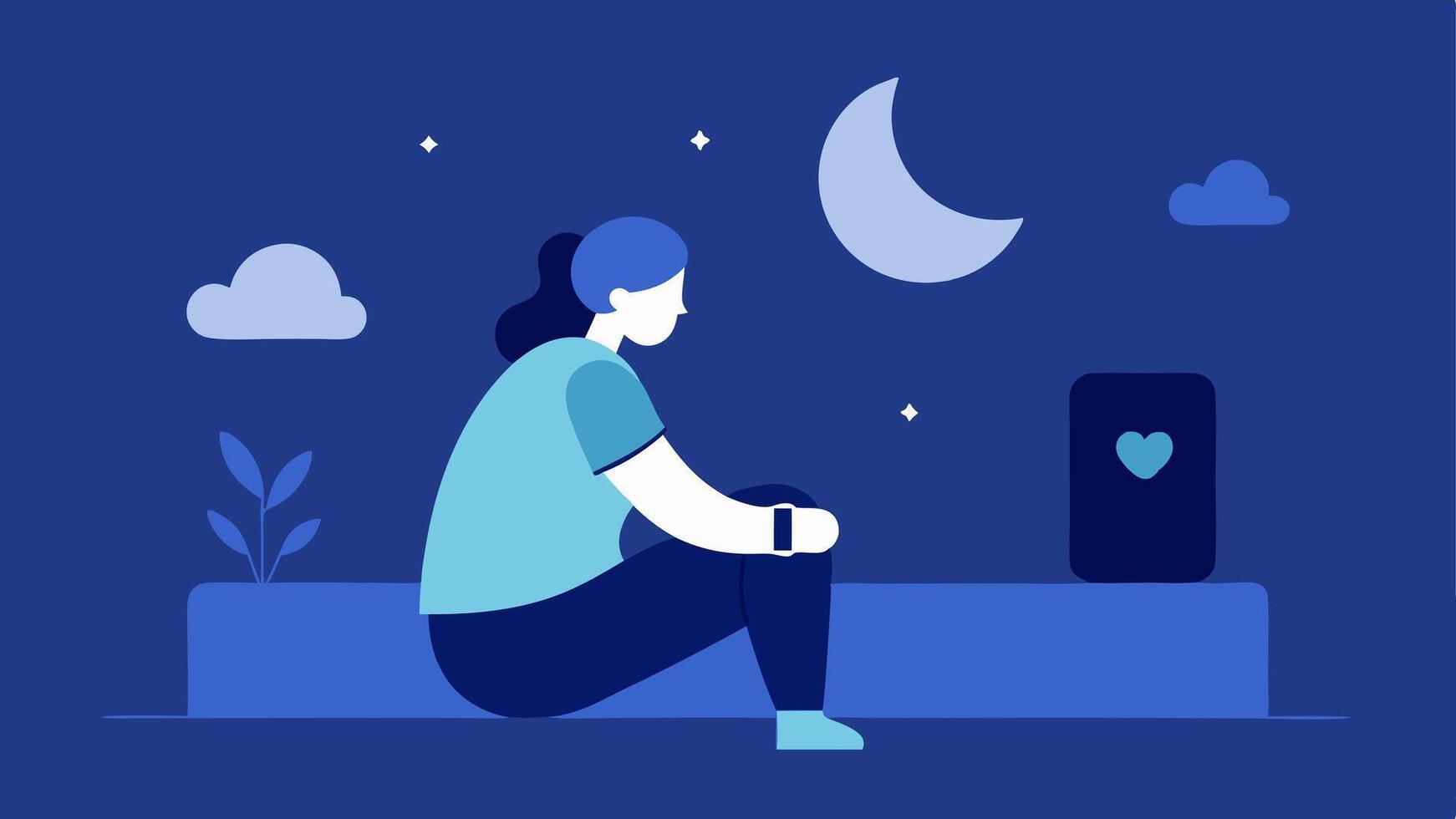 Sleep Quality Overview An illustration of a person sitting on a bed checking their smarch. The screen highlights a moon icon with a sleep score and duration of sleep.. vector