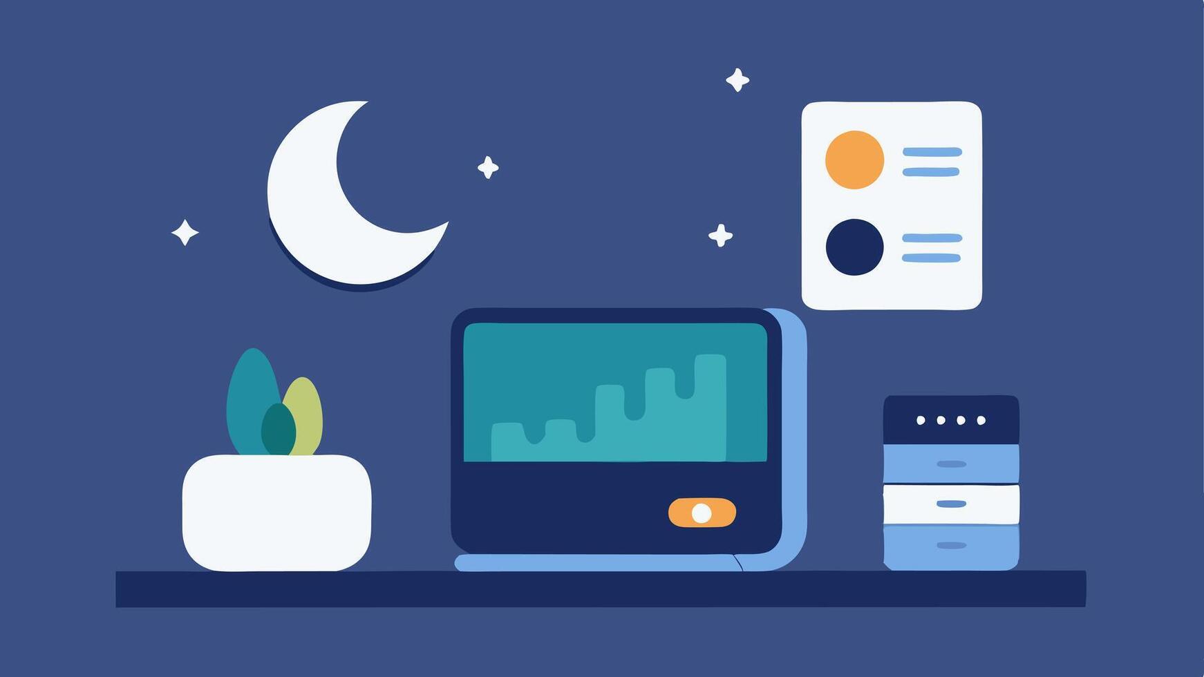 Sleep Tracker An illustration of a device resting on a bedside table displaying a moon icon with sleep cycles and duration metrics illuminated on the screen.. vector