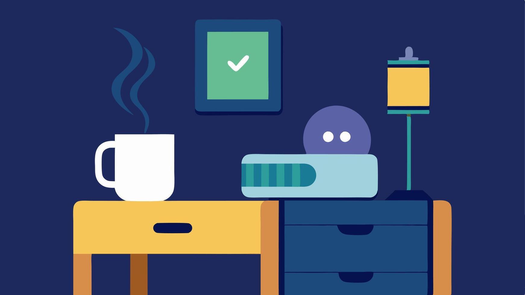 Wearable Charging Station A cozy bedside table featuring a wearable sleep tracker charging on a sleek dock with a cup of herbal tea and a book about sleep optimization.. vector
