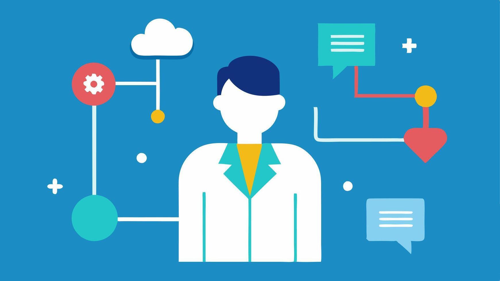 Precision Diagnosis A doctor and AI interface together with arrows indicating communication representing collaborative diagnosis using AIpowered imaging analysis.. vector