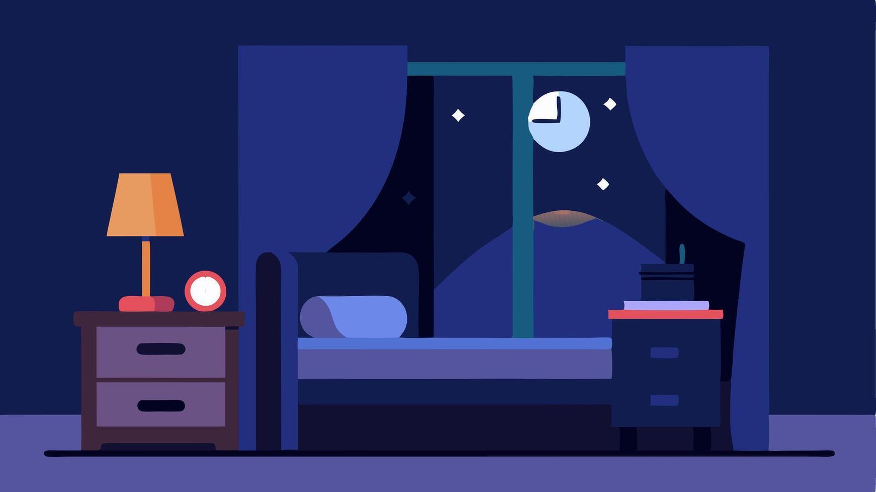Sleep Environment An illustration showcasing a bedroom scene with the device on the bedside table featuring dark curtains a nightlight and a visible clock showing a late hour.. vector
