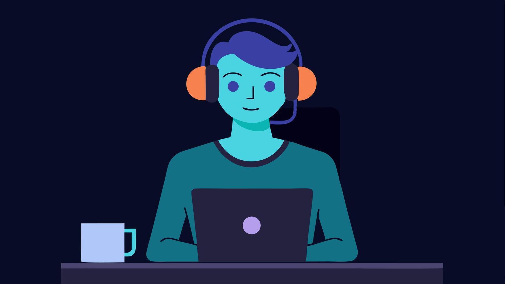 Techy Workspace A focused individual at a modern desk sporting a neurofeedback headset while typing on a laptop. Inviting ambient lighting suggests productivity and concentration.. vector