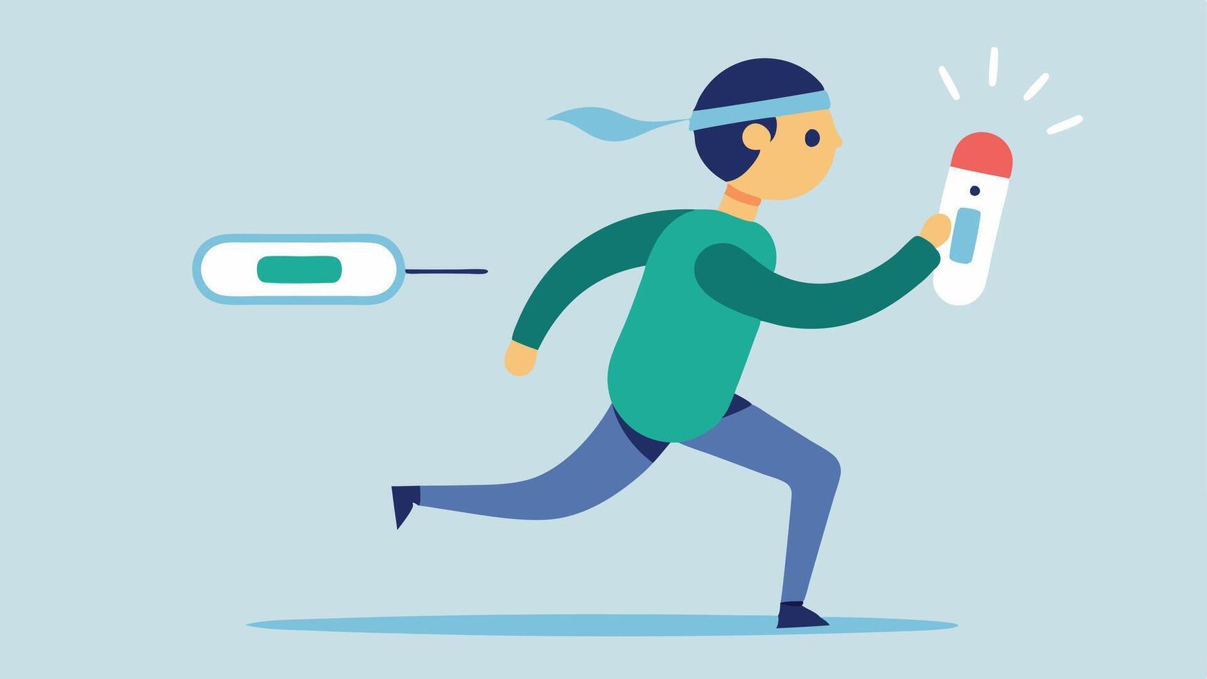 Temperature Monitor A person running an errand while wearing a forehead thermometer that displays body temperature readings on a digital screen with thermometer graphics. vector