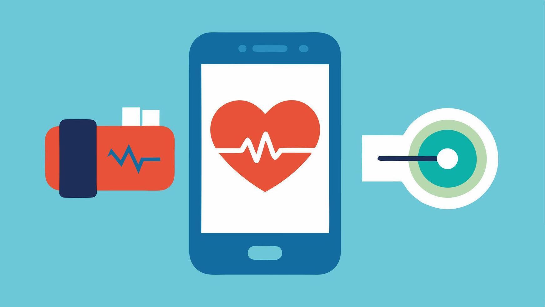 Wearable Heart Monitor A wristbandstyle heart monitor device with heart rate data being transmitted to a smartphone highlighting health tracking technology.. vector