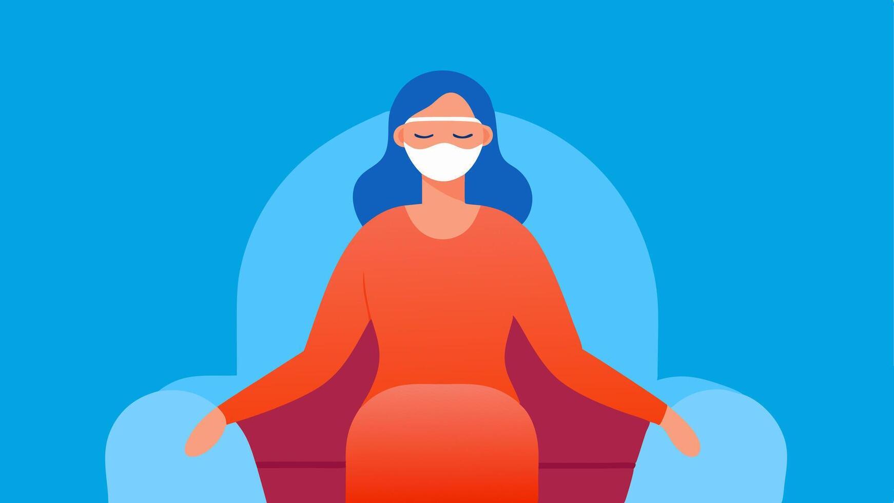Woman Relaxing A woman sitting comfortably on a plush chair wearing a sleek infrared face mask with her eyes closed and a serene expression.. vector